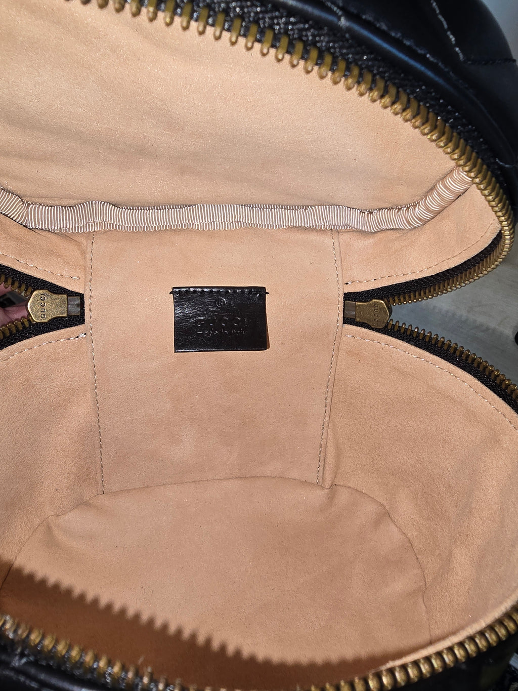 Gucci GG Marmont Mini Round Backpack Black Matelassé Leather Gold Hardware