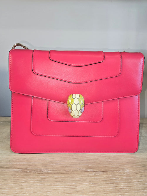 Bvlgari Serpenti Forever Medium Shoulder Bag Hot Pink Leather Gold Hardware Chain Strap
