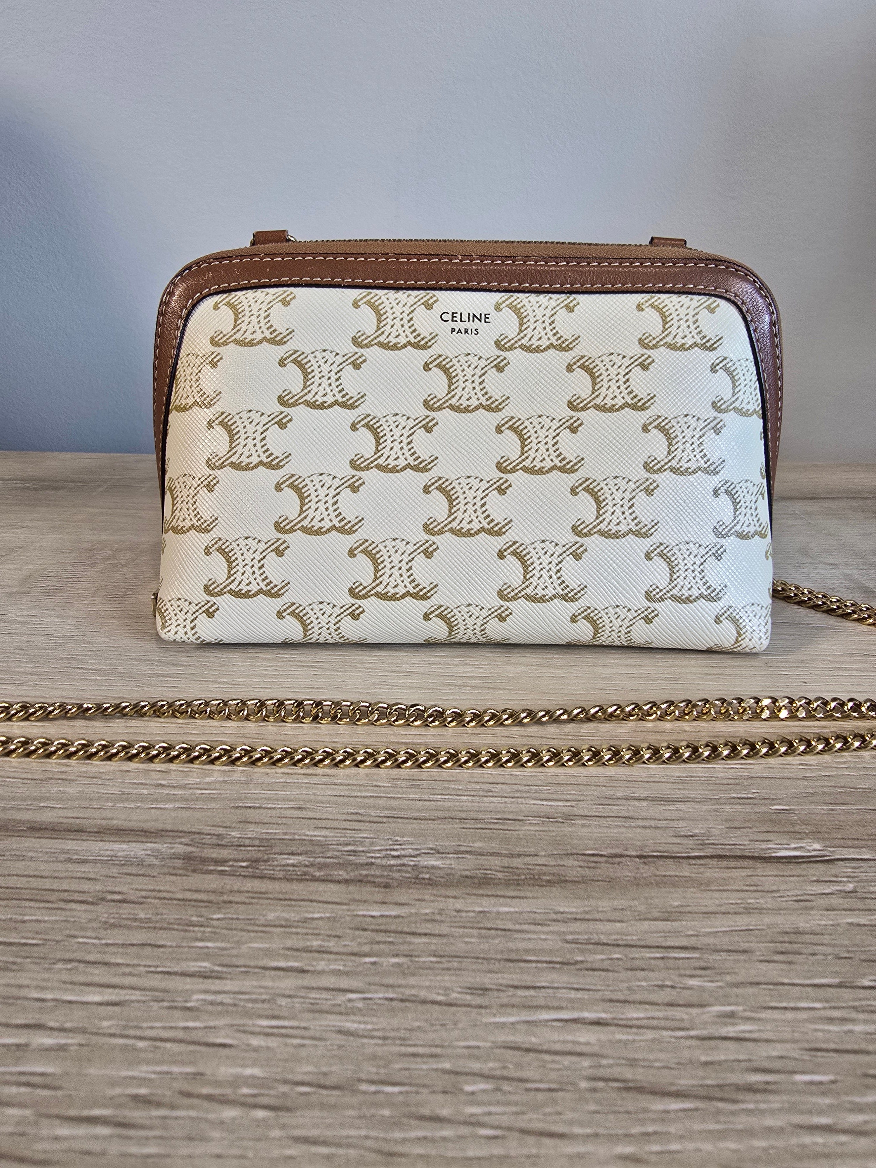 Céline Clutch on Chain Triomphe Canvas White Tan Lambskin Gold Hardware