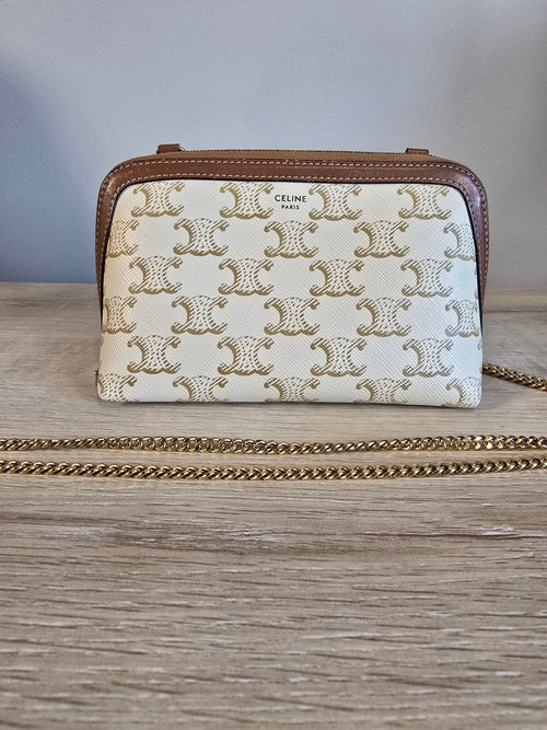 Céline Clutch on Chain Triomphe Canvas White Tan Lambskin Gold Hardware