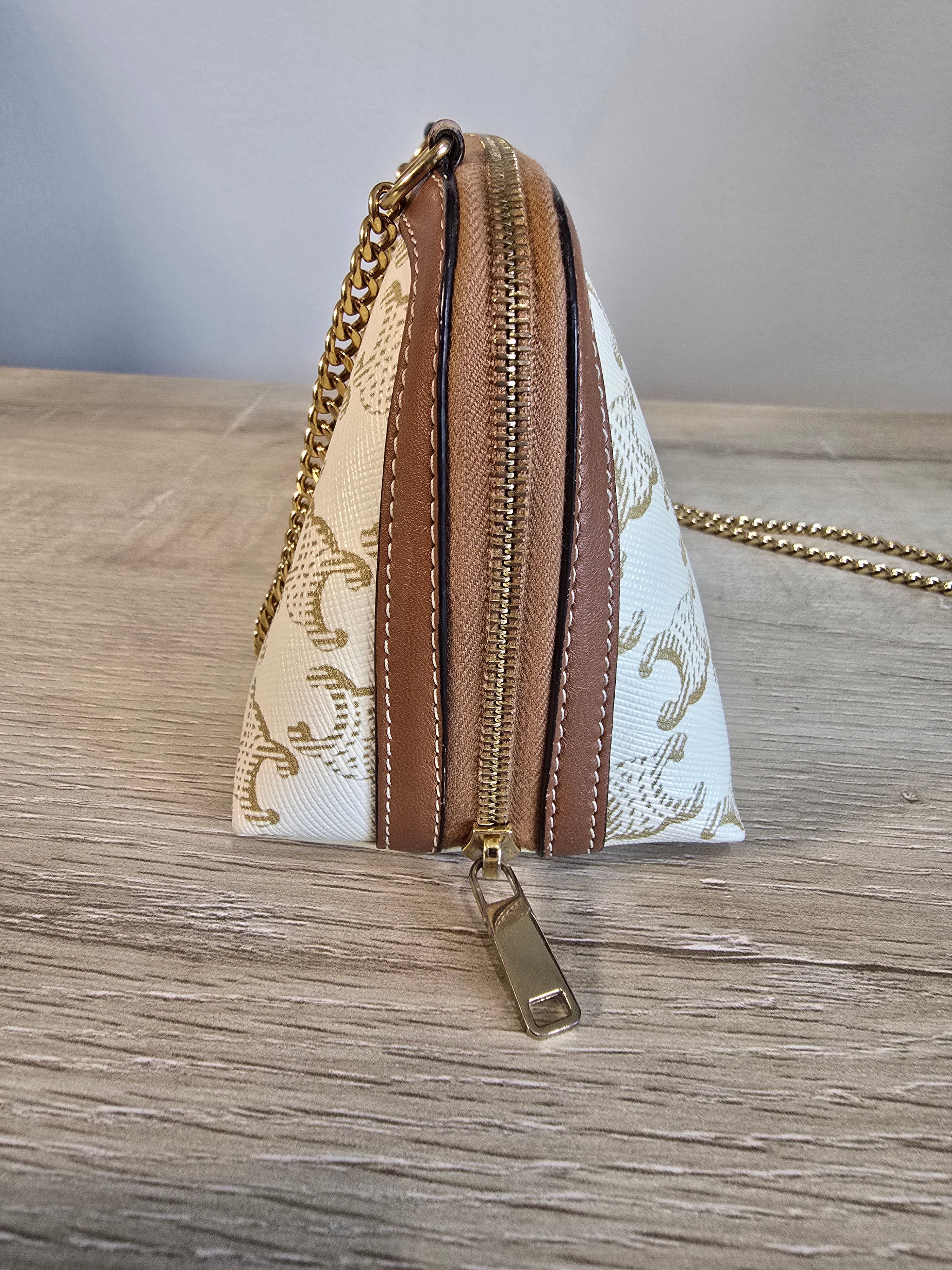 Céline Clutch on Chain Triomphe Canvas White Tan Lambskin Gold Hardware