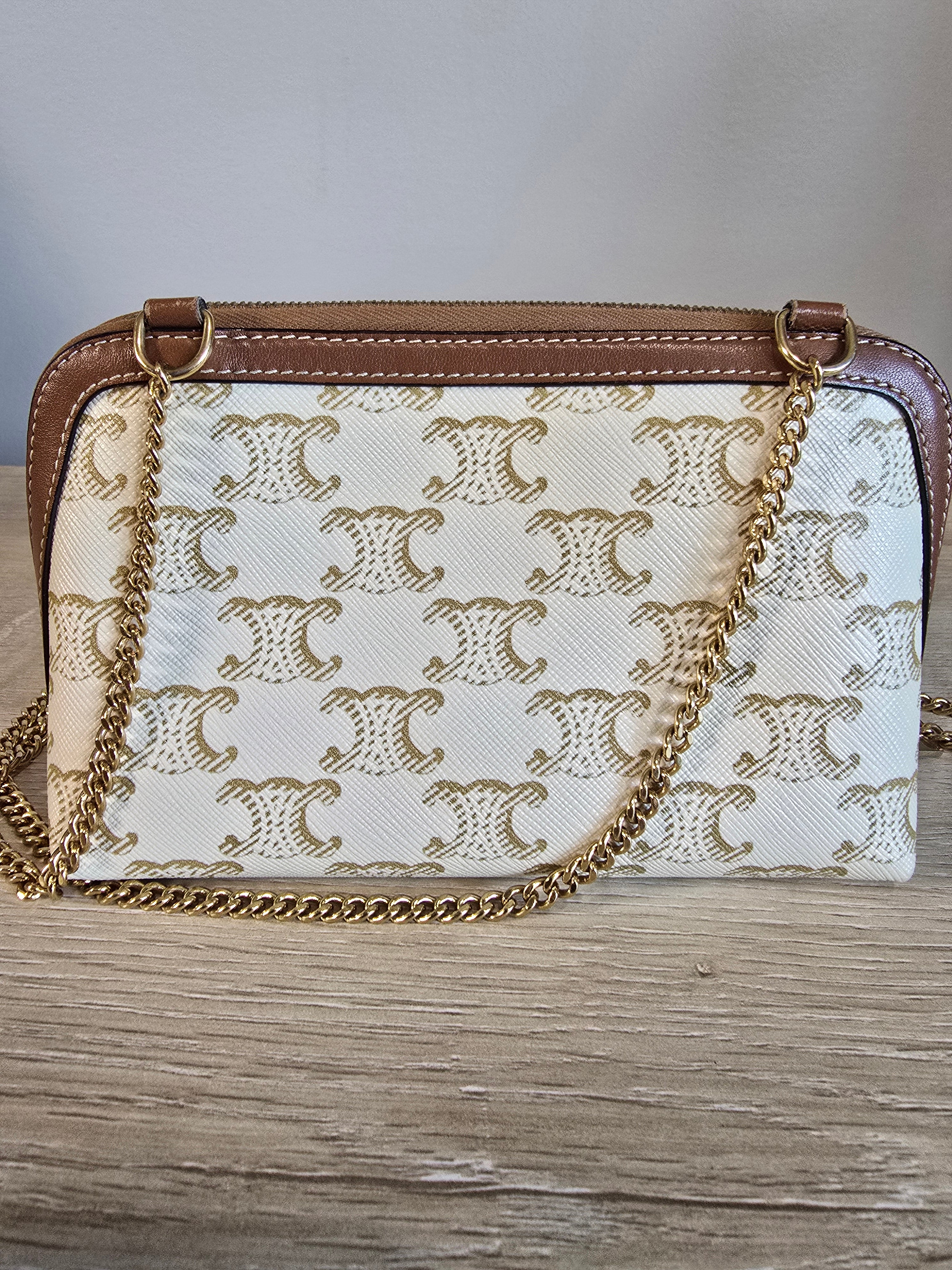 Céline Clutch on Chain Triomphe Canvas White Tan Lambskin Gold Hardware