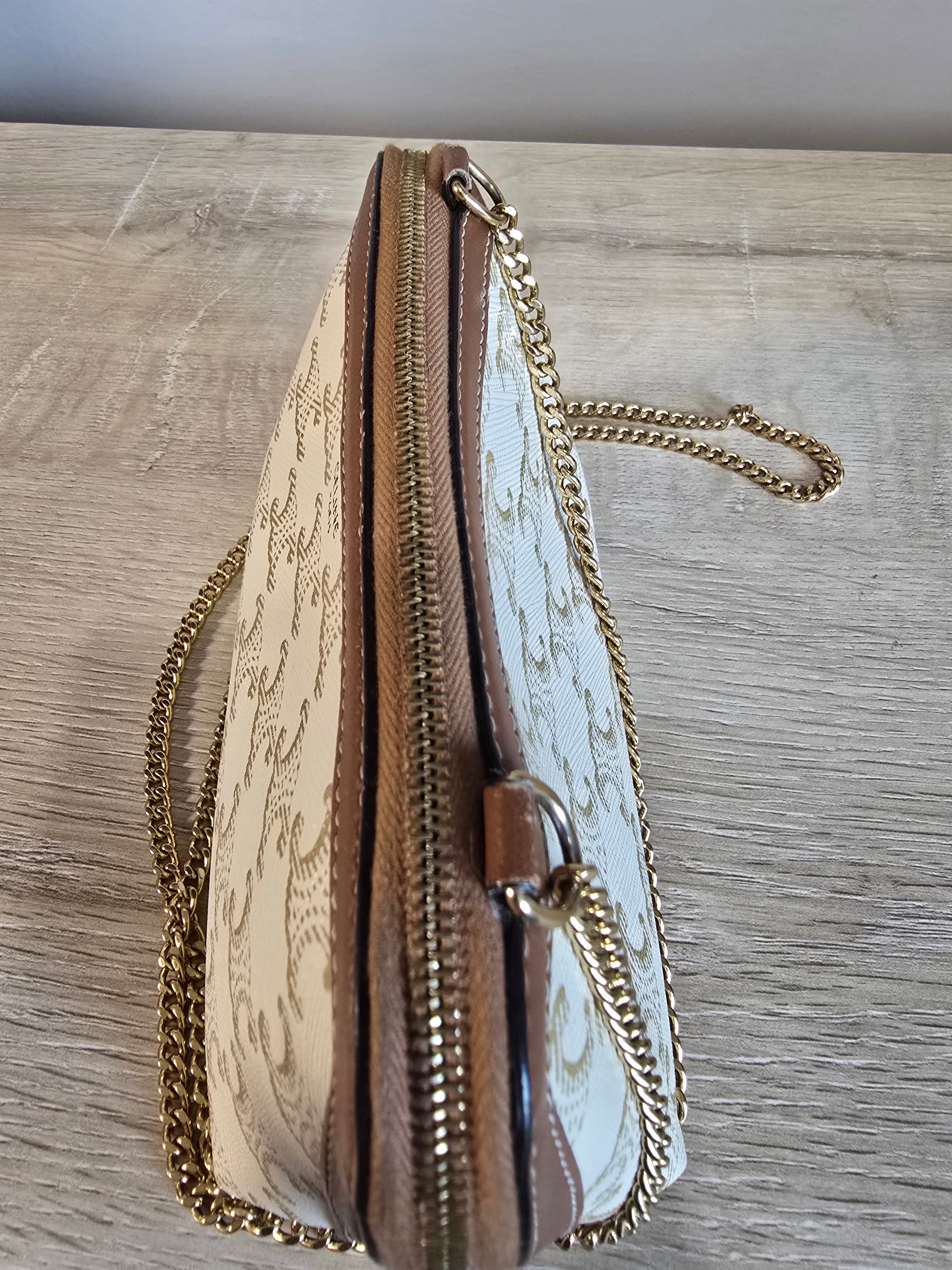 Céline Clutch on Chain Triomphe Canvas White Tan Lambskin Gold Hardware