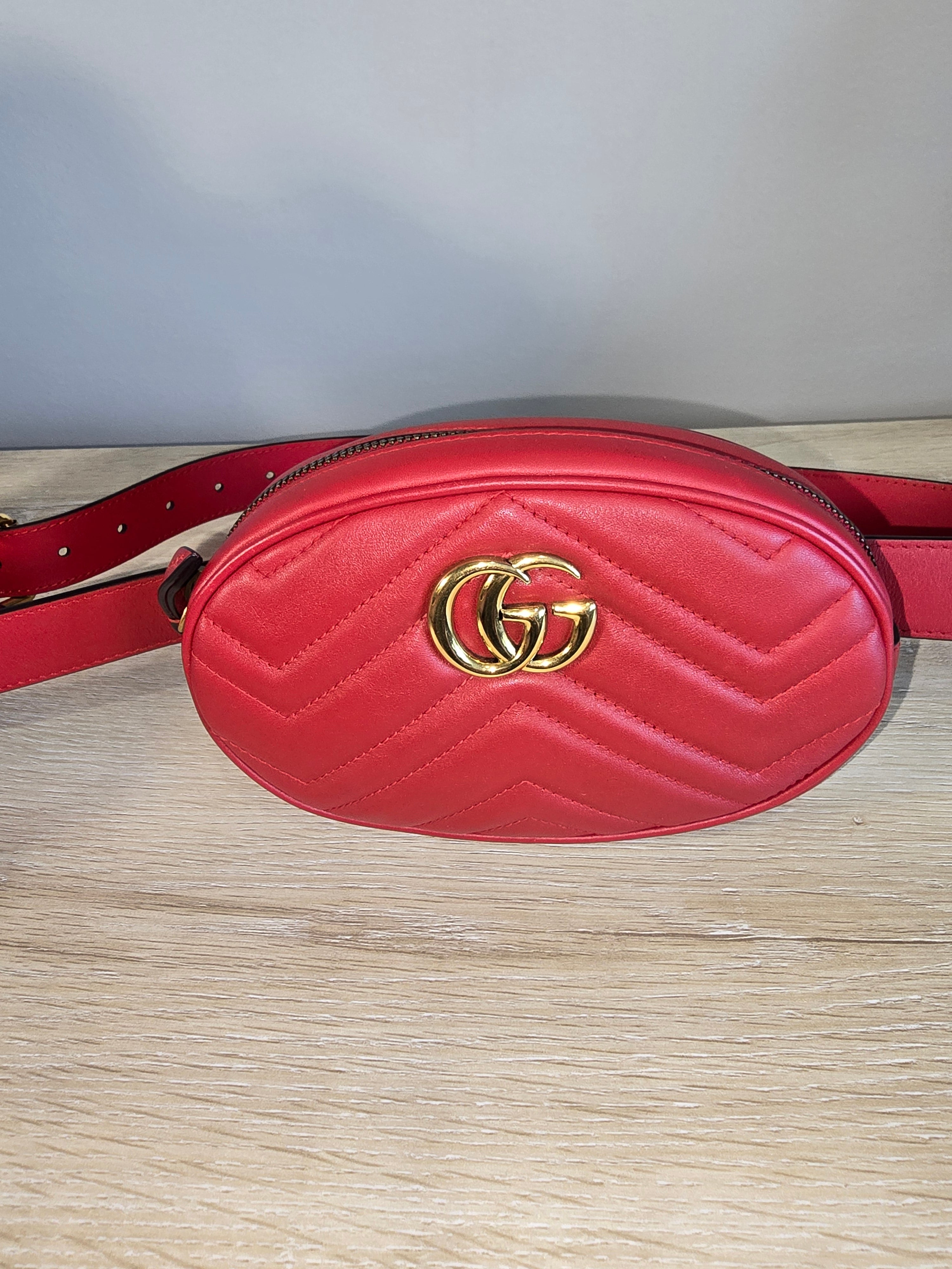 Gucci GG Marmont Matelassé Belt Bag Red Quilted Leather Gold Hardware