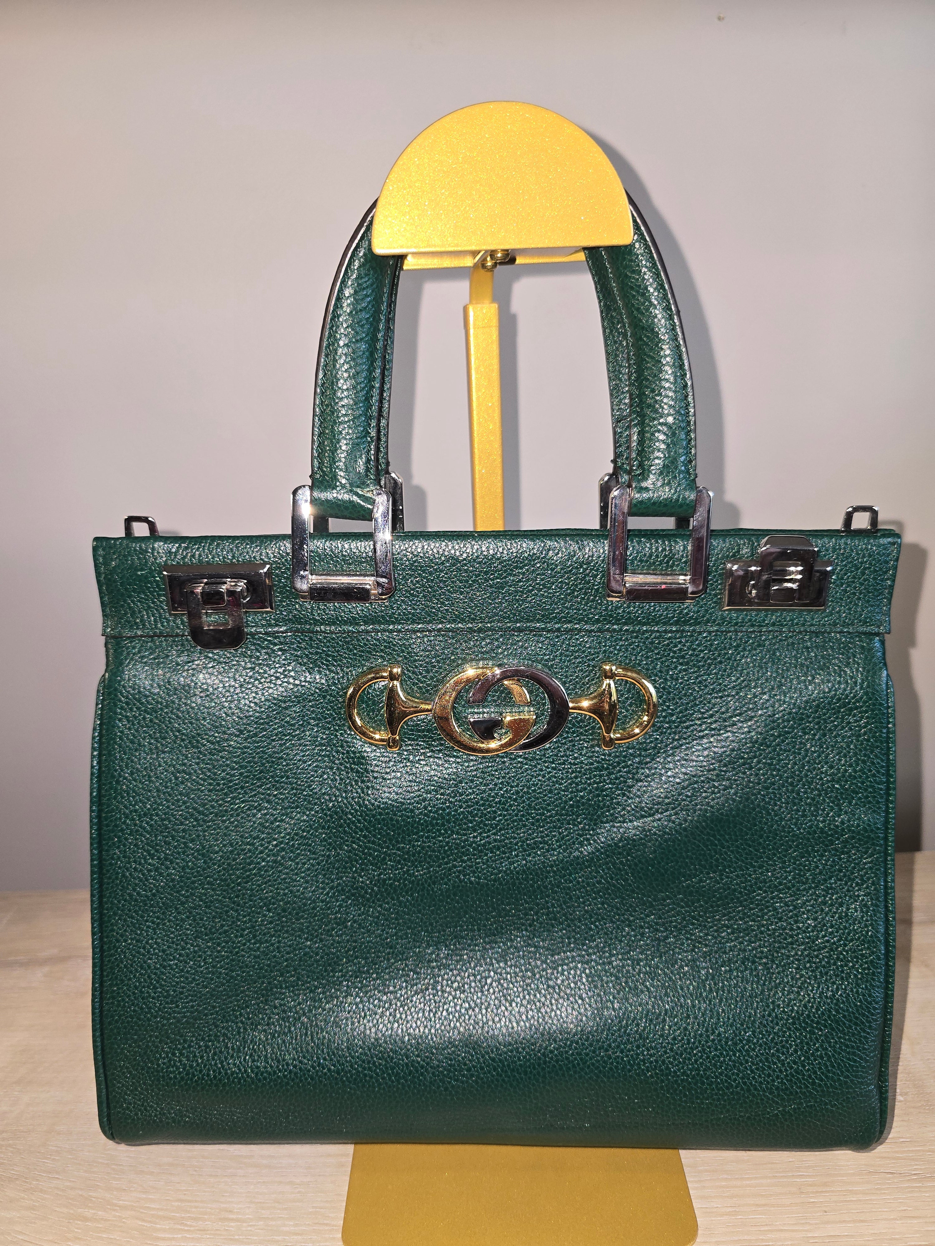 Gucci Zumi Top Handle Bag Green Grained Calfskin Leather Gold Silver Hardware
