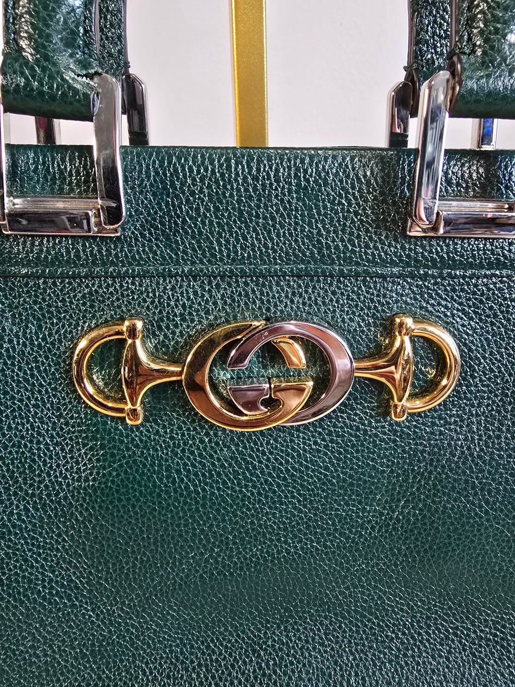 Gucci Zumi Top Handle Bag Green Grained Calfskin Leather Gold Silver Hardware