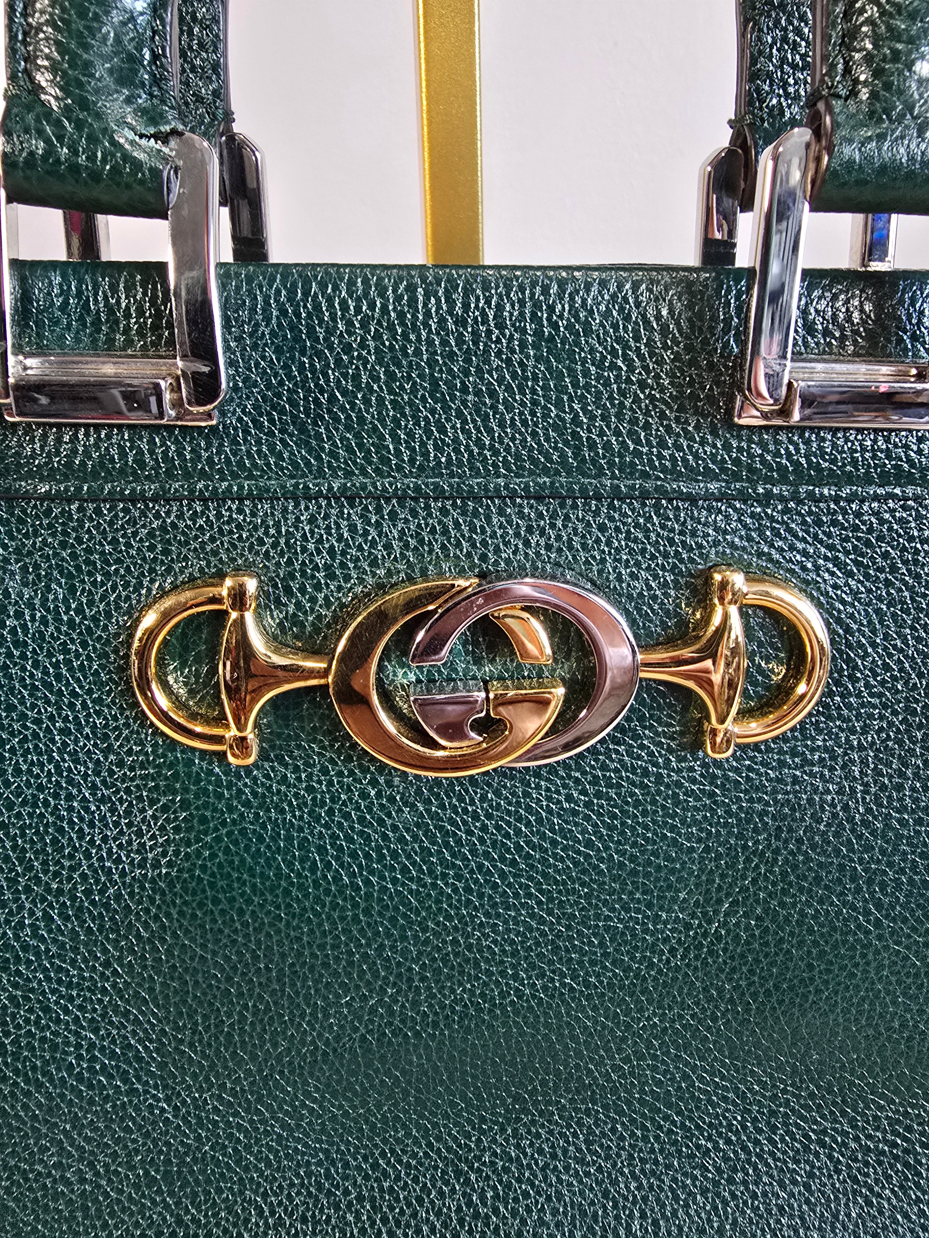 Gucci Zumi Top Handle Bag Green Grained Calfskin Leather Gold Silver Hardware
