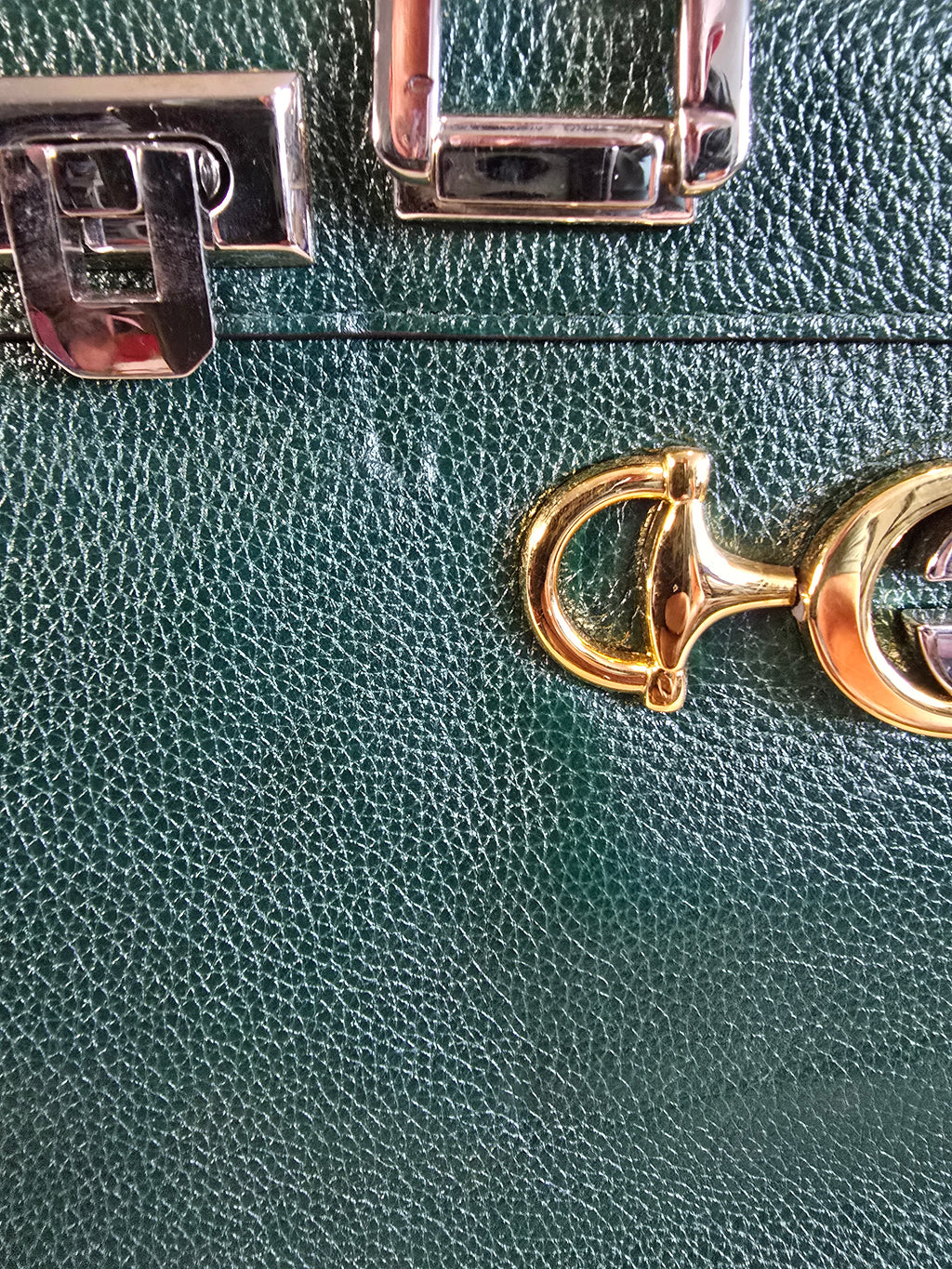 Gucci Zumi Top Handle Bag Green Grained Calfskin Leather Gold Silver Hardware