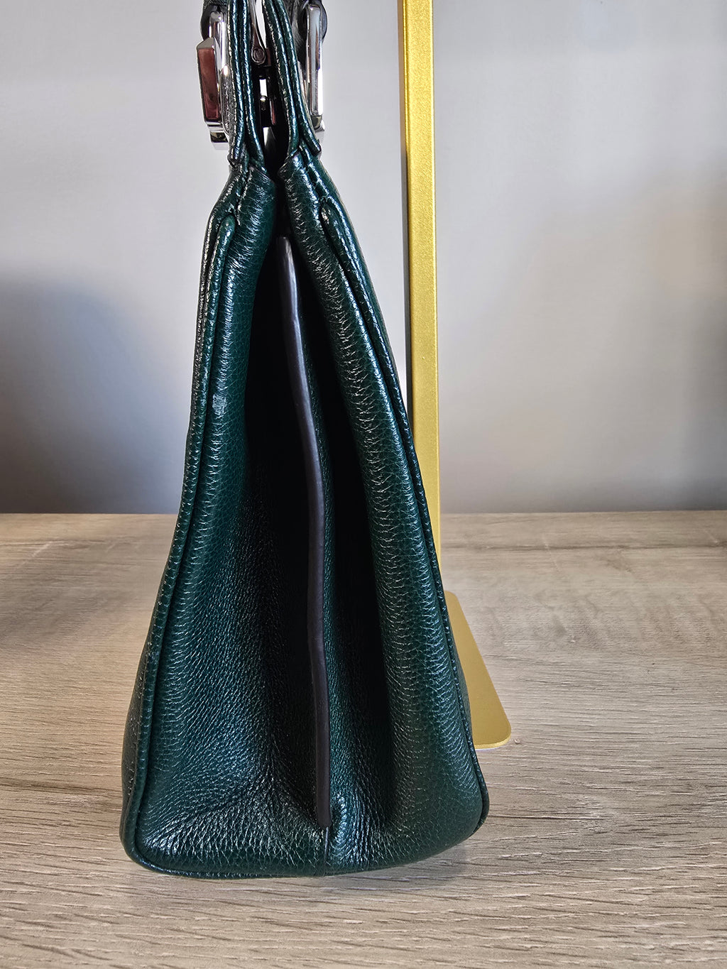 Gucci Zumi Top Handle Bag Green Grained Calfskin Leather Gold Silver Hardware