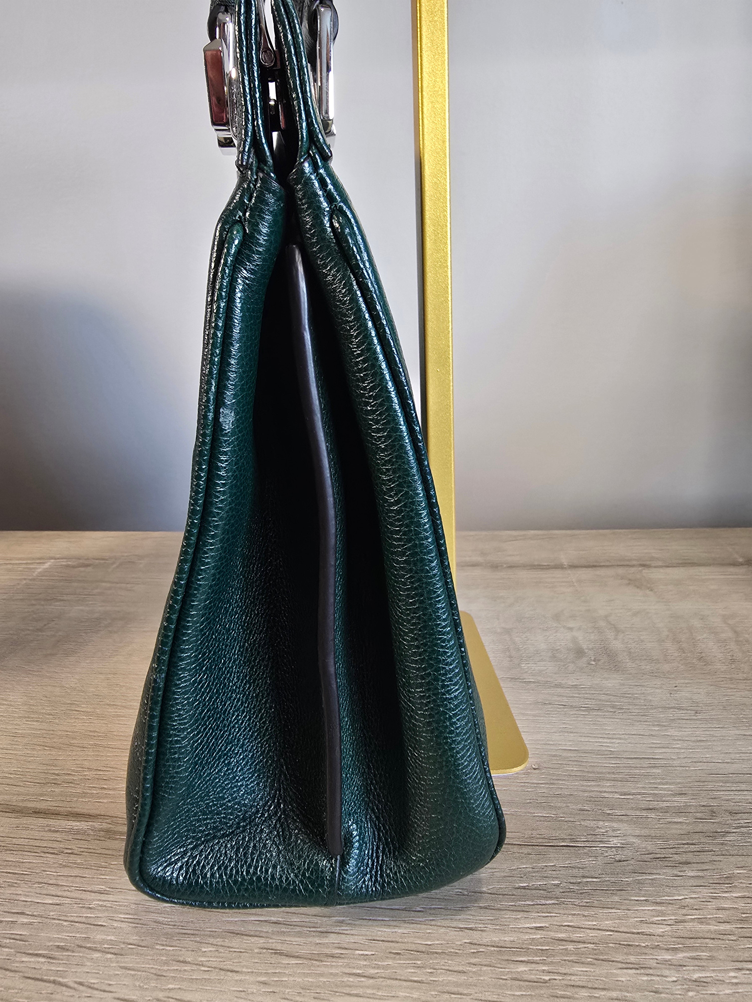 Gucci Zumi Top Handle Bag Green Grained Calfskin Leather Gold Silver Hardware