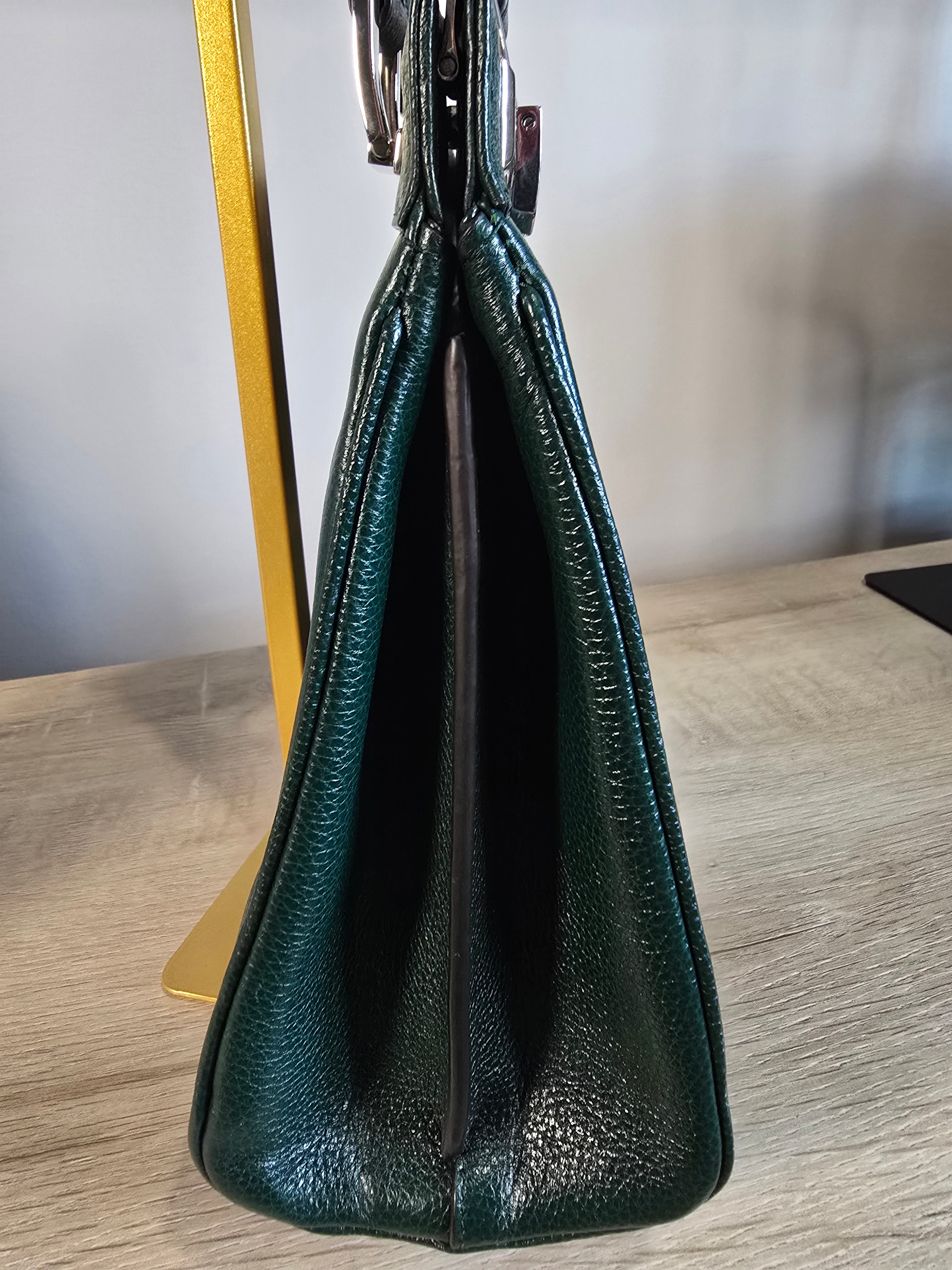 Gucci Zumi Top Handle Bag Green Grained Calfskin Leather Gold Silver Hardware