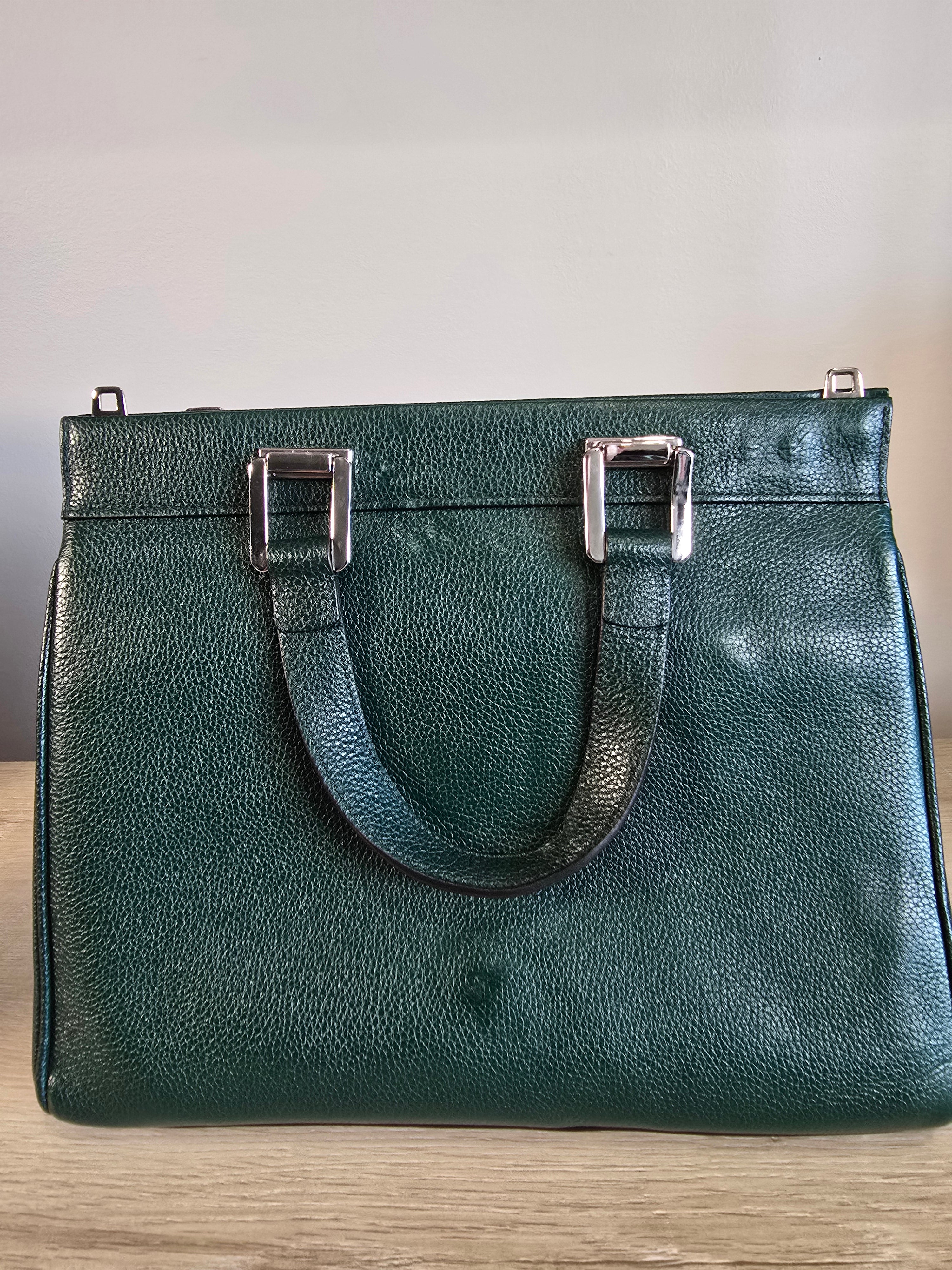 Gucci Zumi Top Handle Bag Green Grained Calfskin Leather Gold Silver Hardware