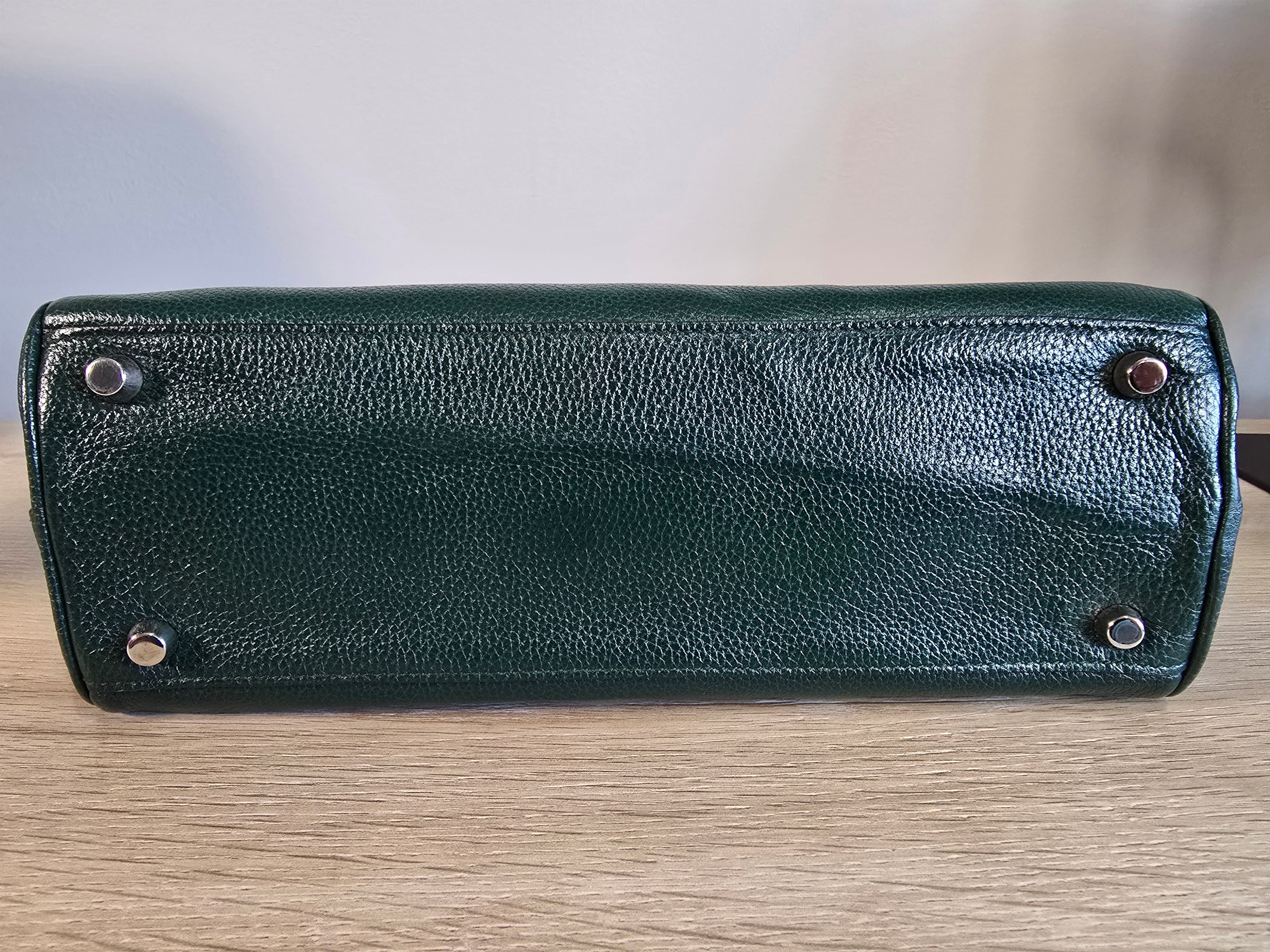 Gucci Zumi Top Handle Bag Green Grained Calfskin Leather Gold Silver Hardware