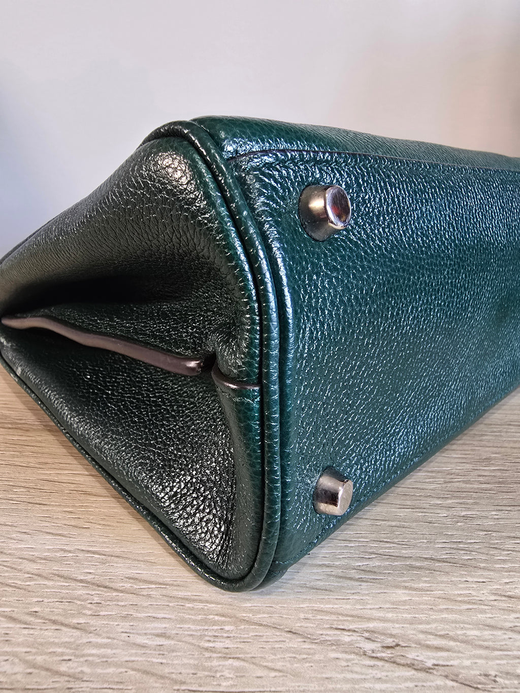 Gucci Zumi Top Handle Bag Green Grained Calfskin Leather Gold Silver Hardware