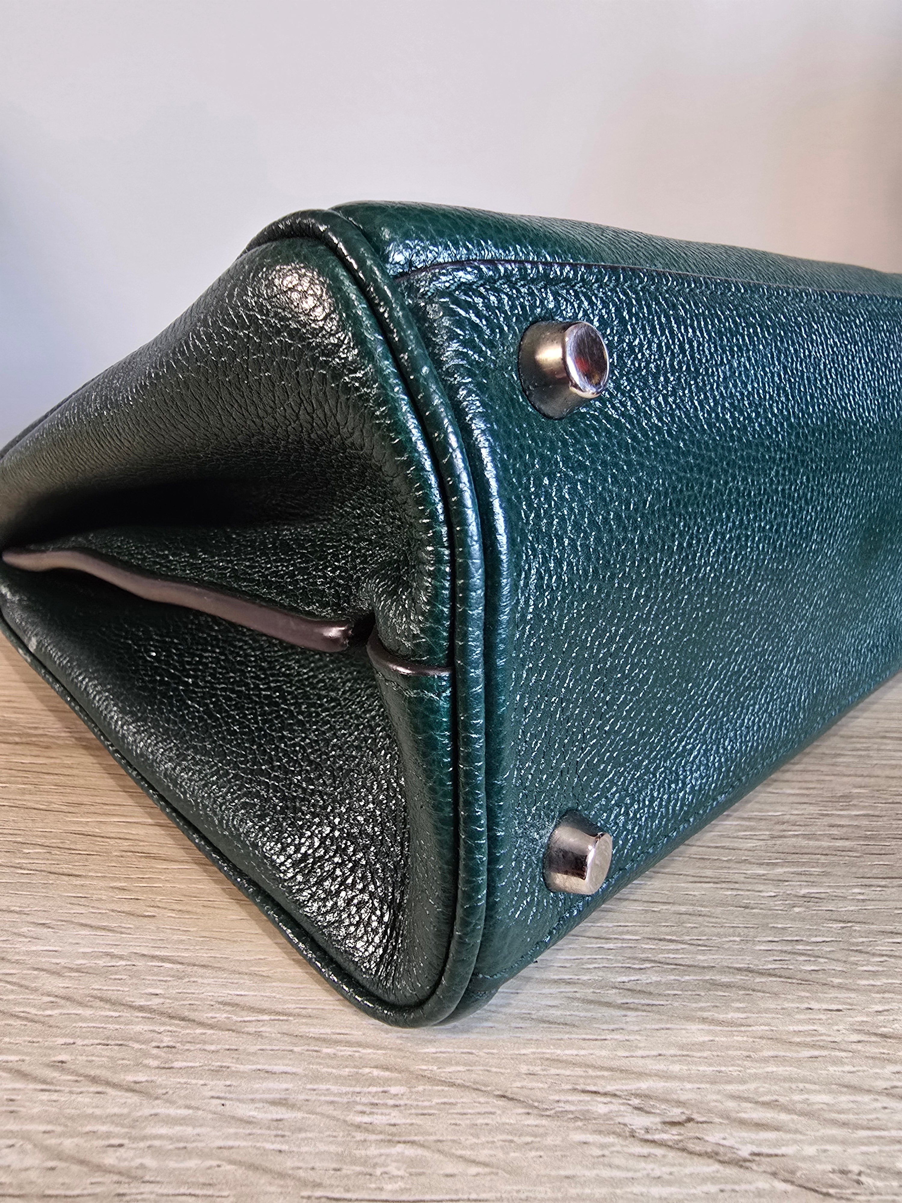 Gucci Zumi Top Handle Bag Green Grained Calfskin Leather Gold Silver Hardware