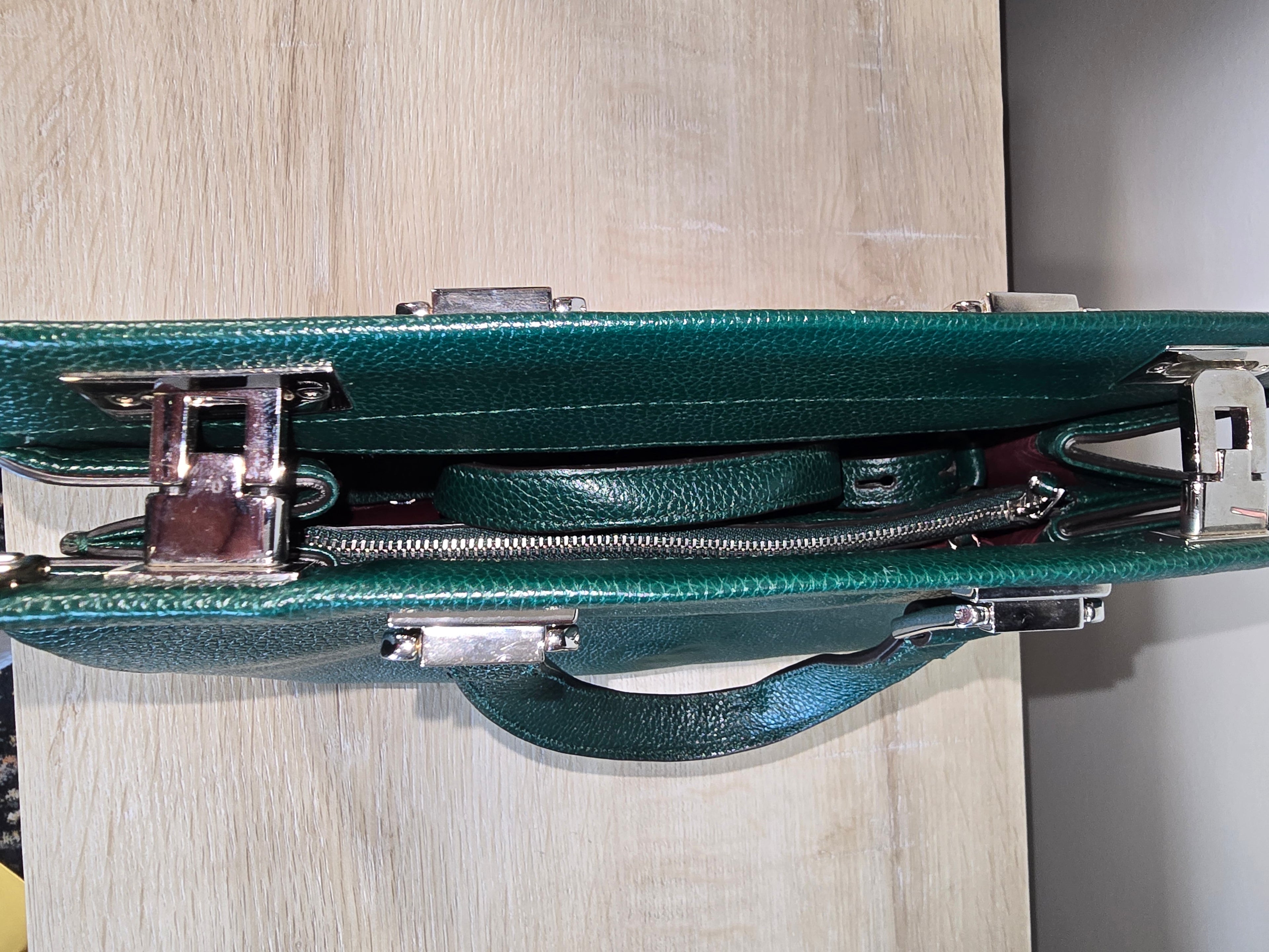 Gucci Zumi Top Handle Bag Green Grained Calfskin Leather Gold Silver Hardware