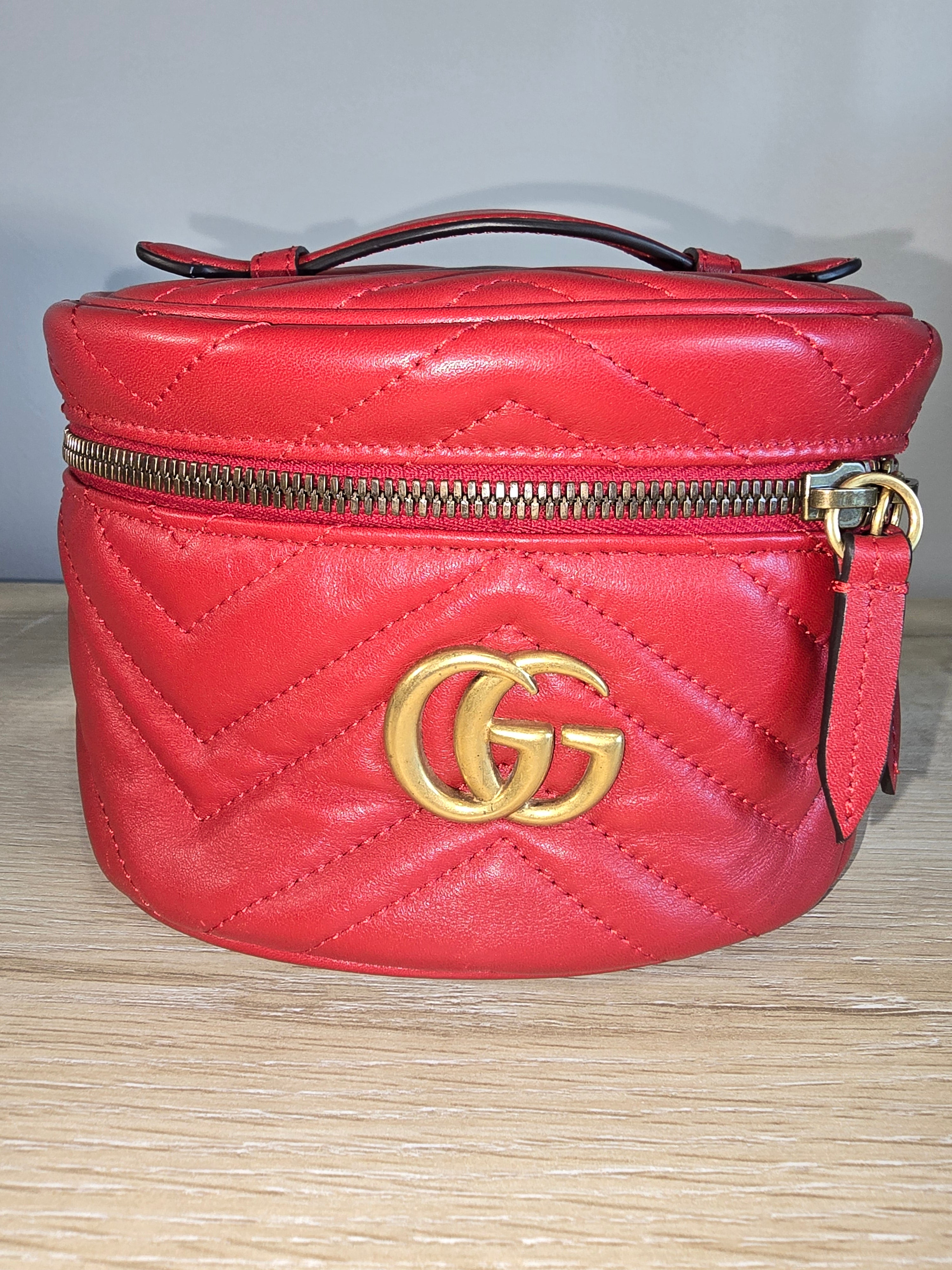 Gucci GG Marmont Mini Vanity Backpack Red Chevron Quilted Leather Gold Hardware
