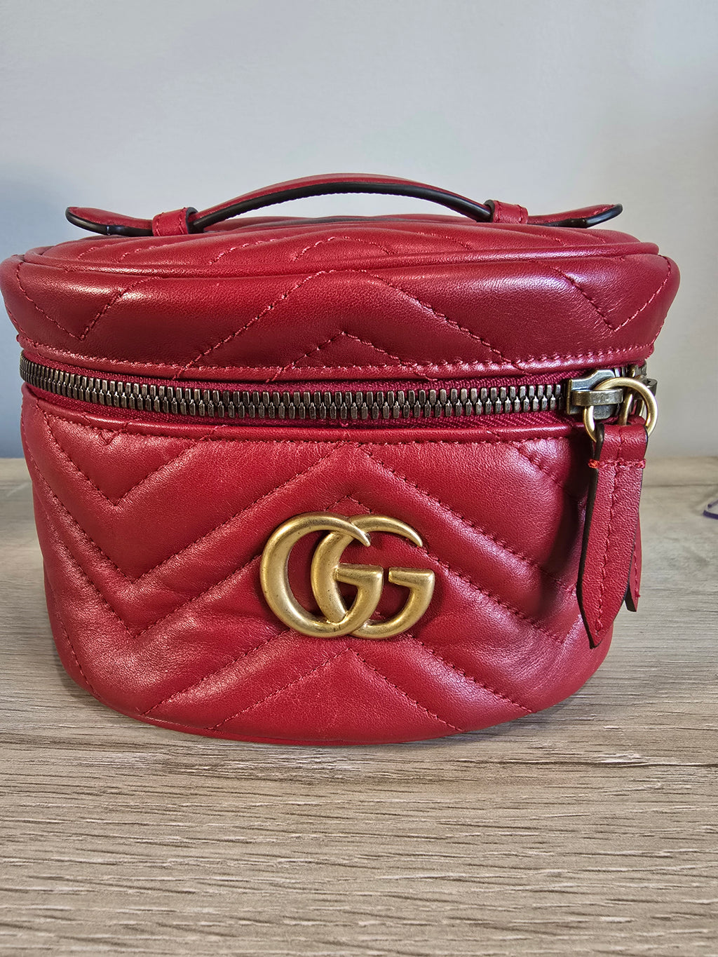 Gucci GG Marmont Mini Vanity Backpack Red Chevron Quilted Leather Gold Hardware