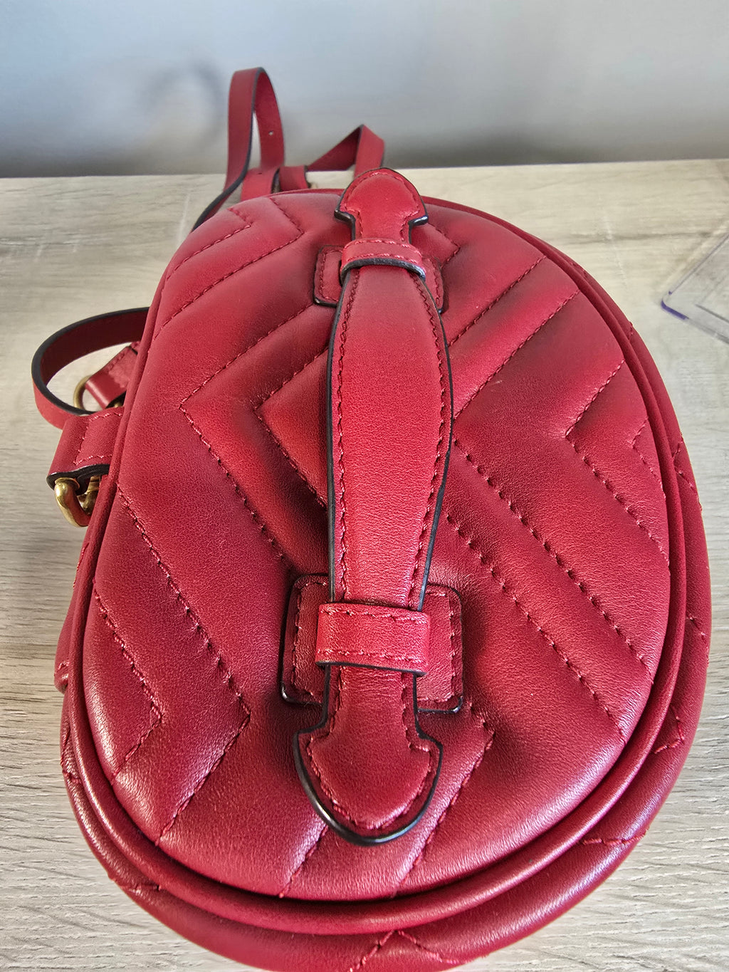 Gucci GG Marmont Mini Vanity Backpack Red Chevron Quilted Leather Gold Hardware