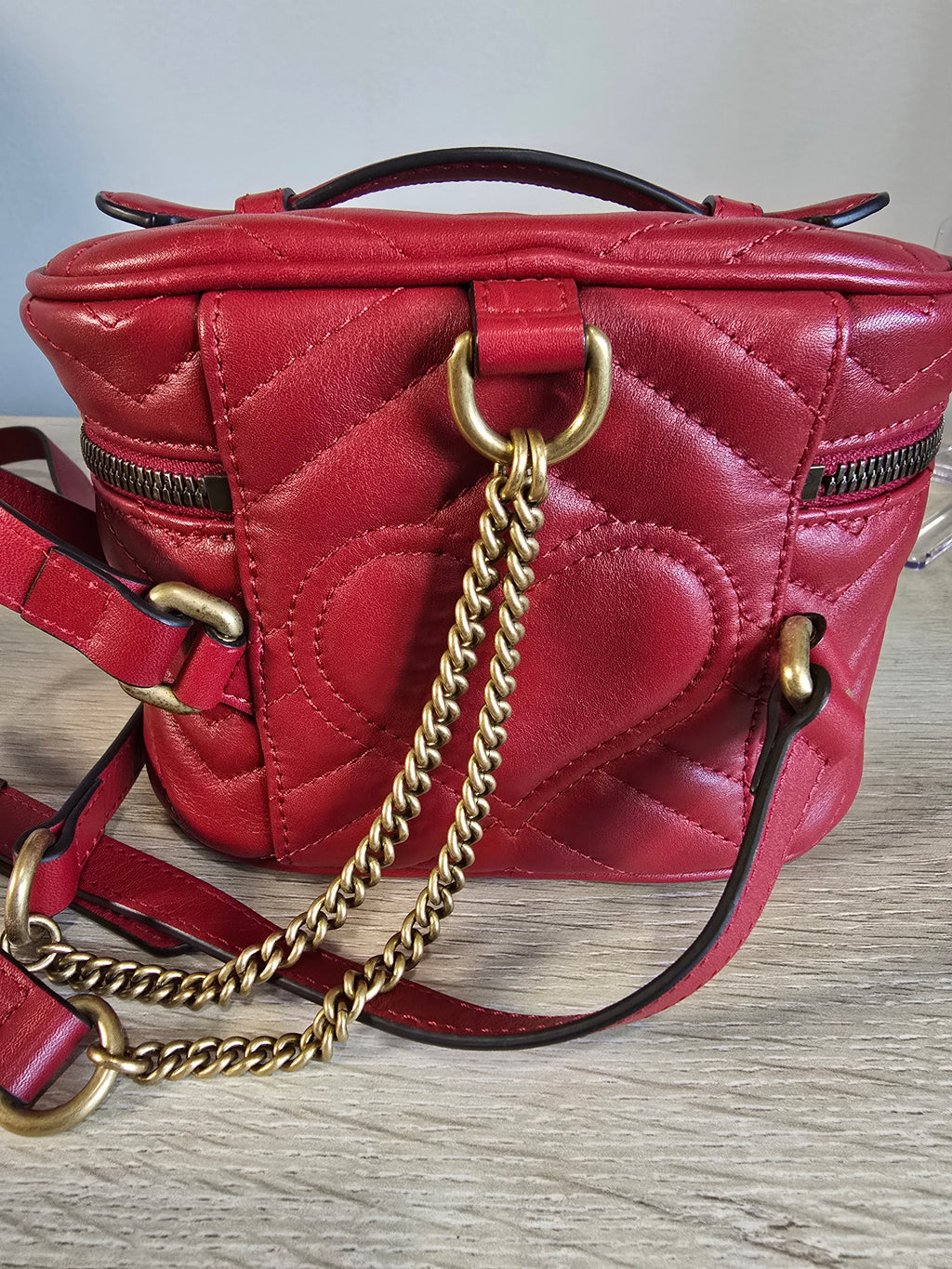 Gucci GG Marmont Mini Vanity Backpack Red Chevron Quilted Leather Gold Hardware