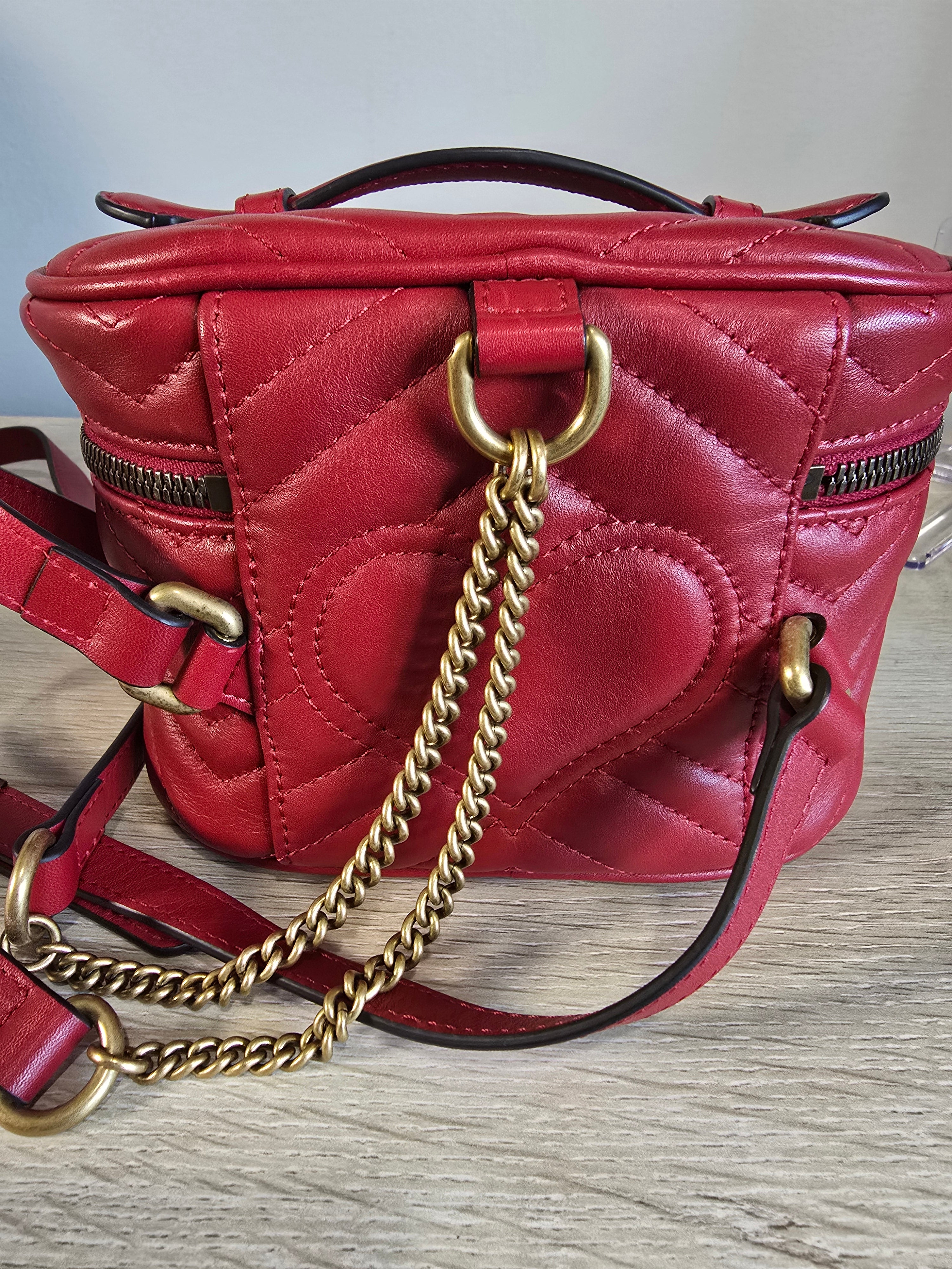 Gucci GG Marmont Mini Vanity Backpack Red Chevron Quilted Leather Gold Hardware