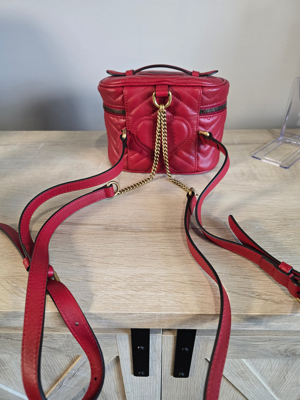 Gucci GG Marmont Mini Vanity Backpack Red Chevron Quilted Leather Gold Hardware