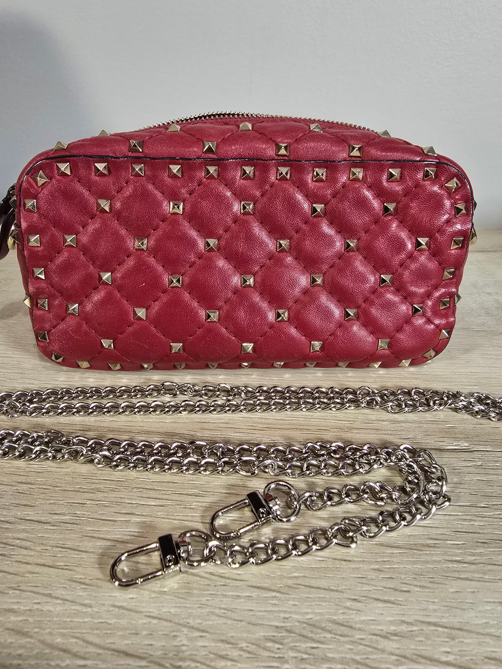 Valentino Garavani Rockstud Spike Handbag Red Leather Silver Hardware Chain Strap