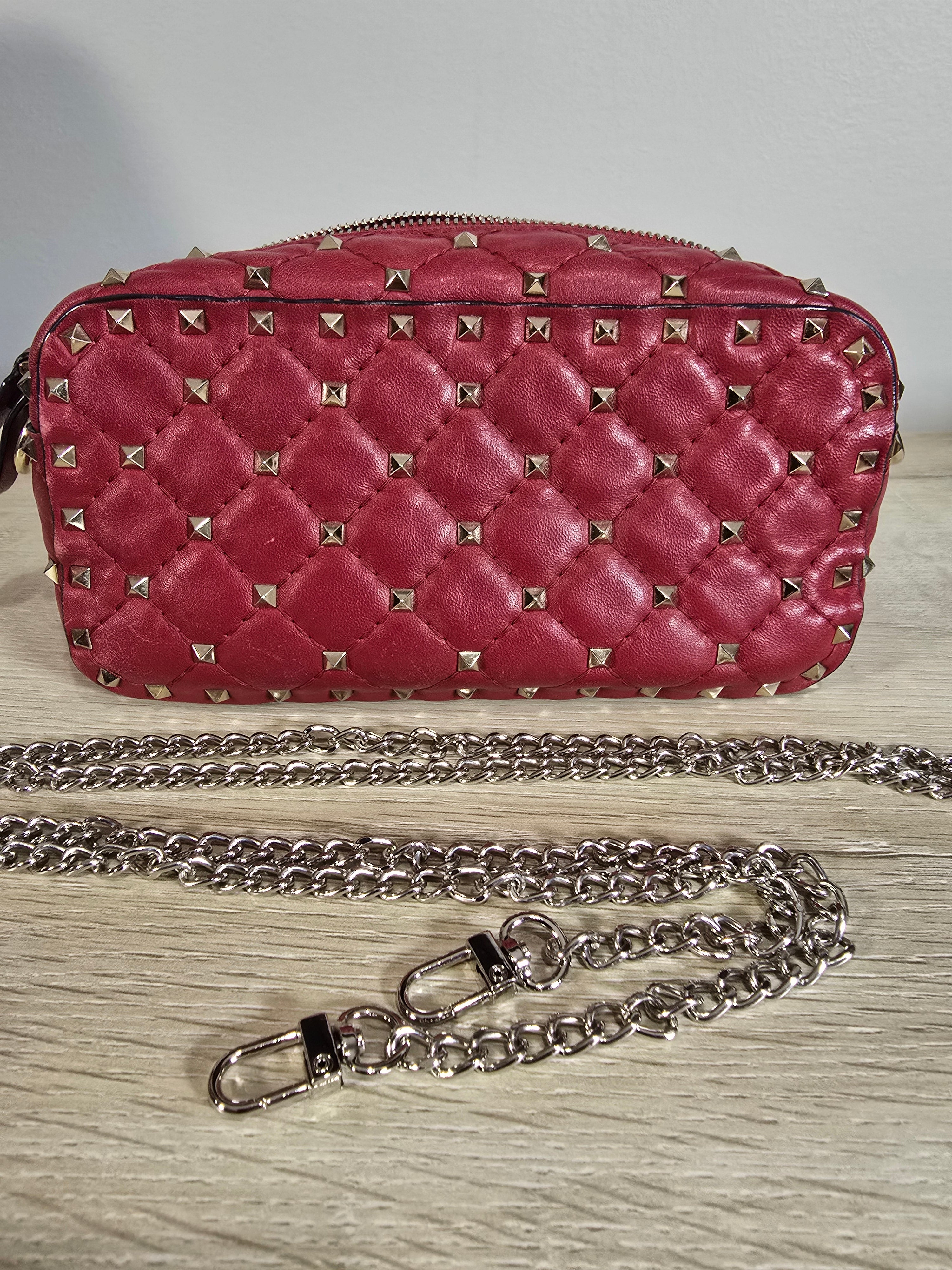 Valentino Garavani Rockstud Spike Handbag Red Leather Silver Hardware Chain Strap