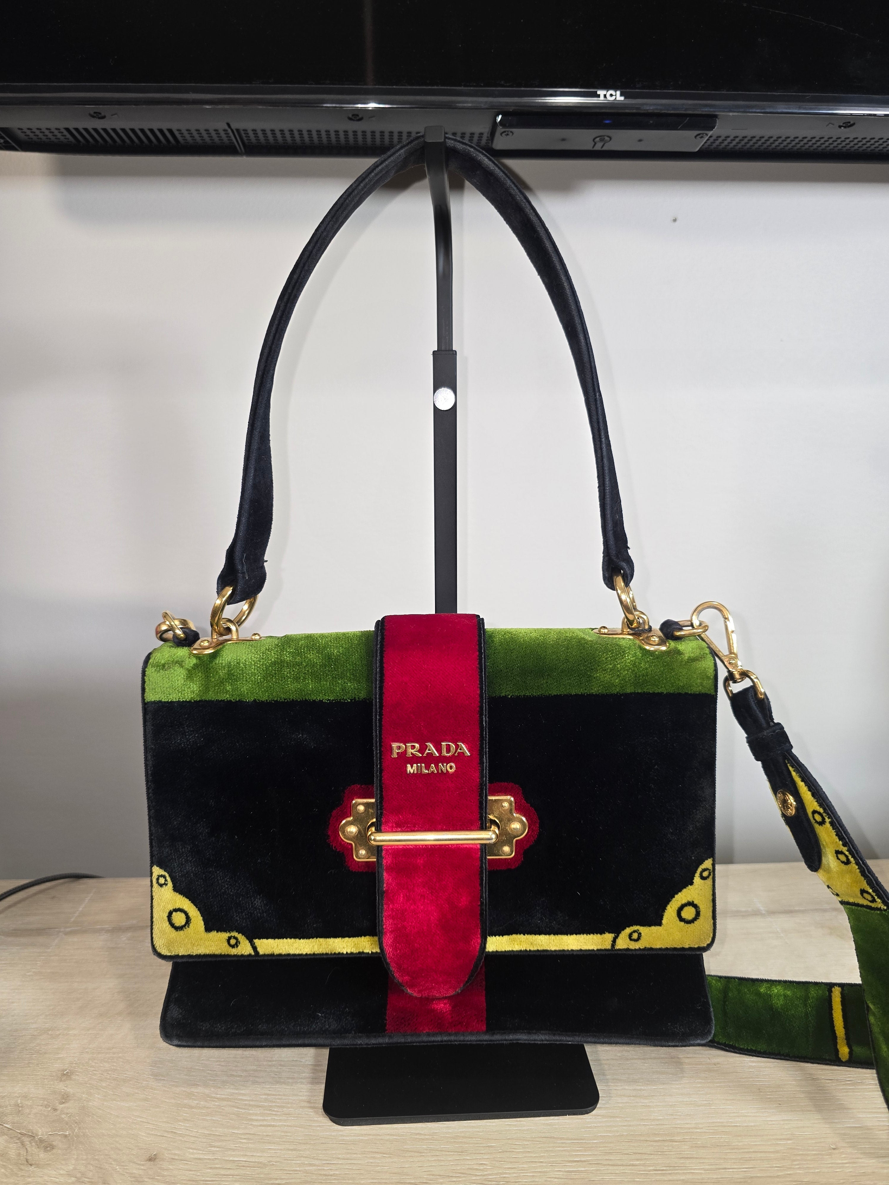 Prada Cahier Shoulder Bag Green Black Velvet Trompe L’Œil Gold Hardware