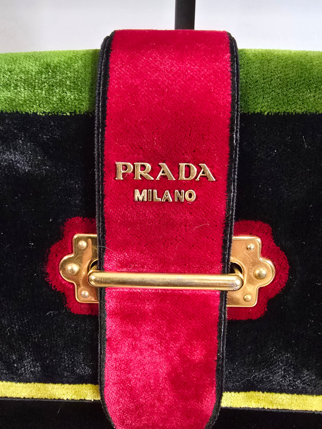 Prada Cahier Shoulder Bag Green Black Velvet Trompe L’Œil Gold Hardware