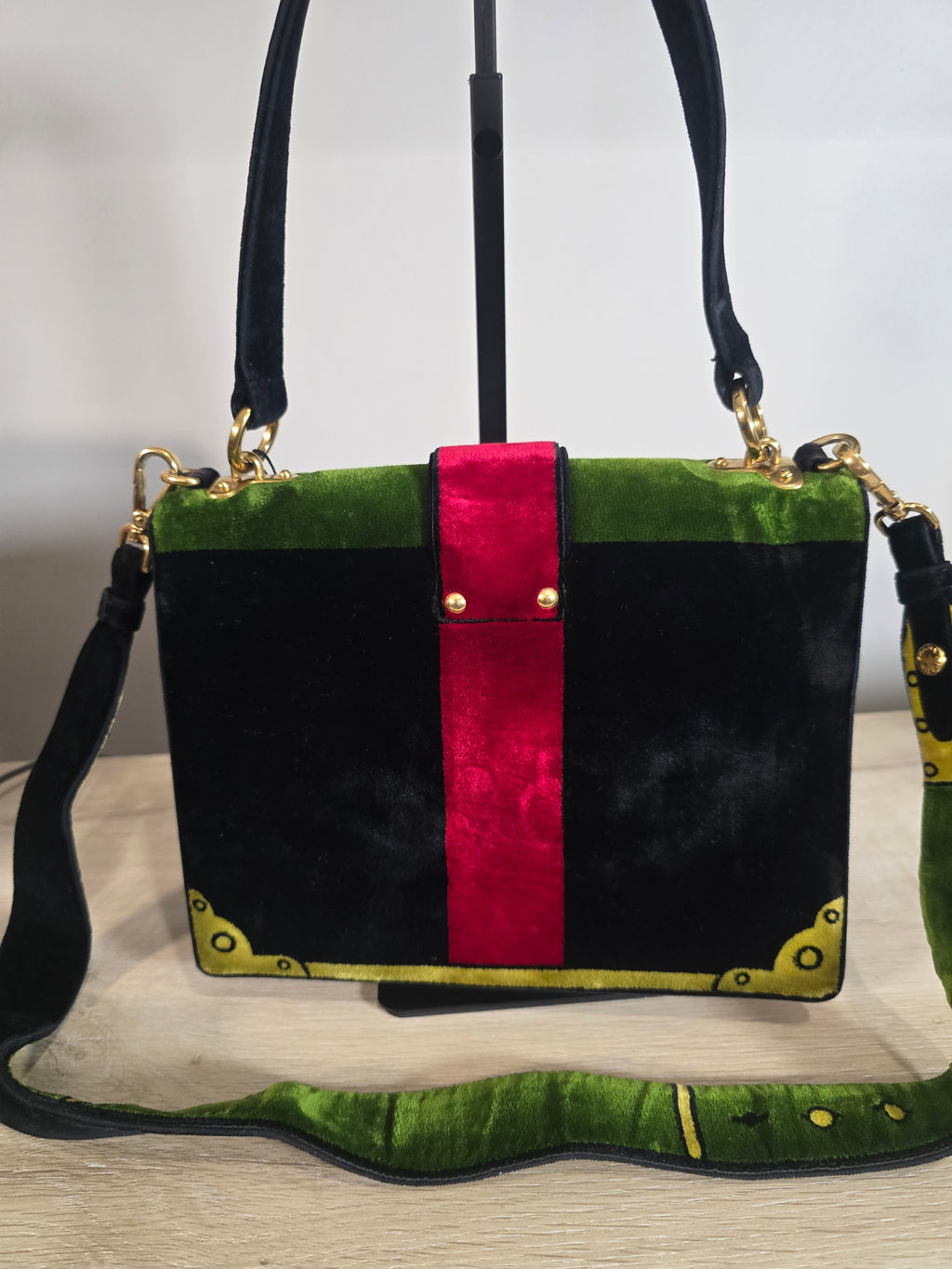 Prada Cahier Shoulder Bag Green Black Velvet Trompe L’Œil Gold Hardware