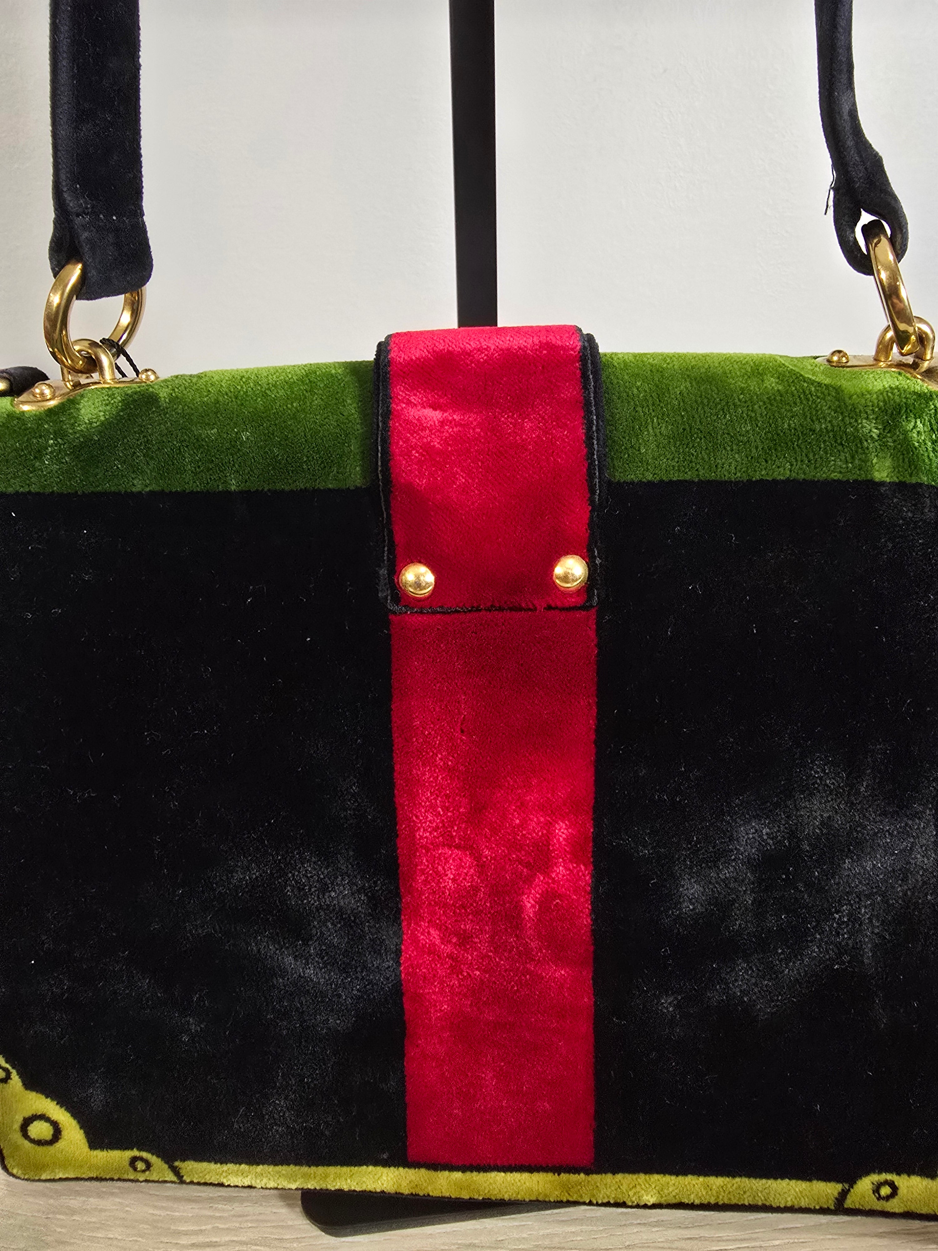 Prada Cahier Shoulder Bag Green Black Velvet Trompe L’Œil Gold Hardware