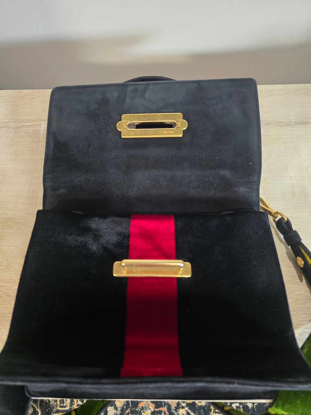 Prada Cahier Shoulder Bag Green Black Velvet Trompe L’Œil Gold Hardware