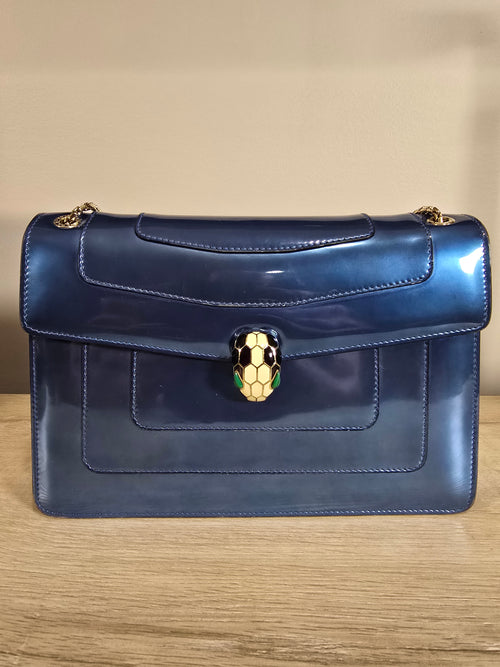 Bvlgari Serpenti Forever Medium Shoulder Bag Metallic Blue Silver Hardware Chain Strap