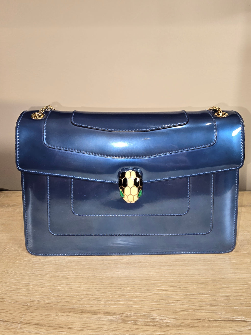 Bvlgari Serpenti Forever Medium Shoulder Bag Metallic Blue Silver Hardware Chain Strap