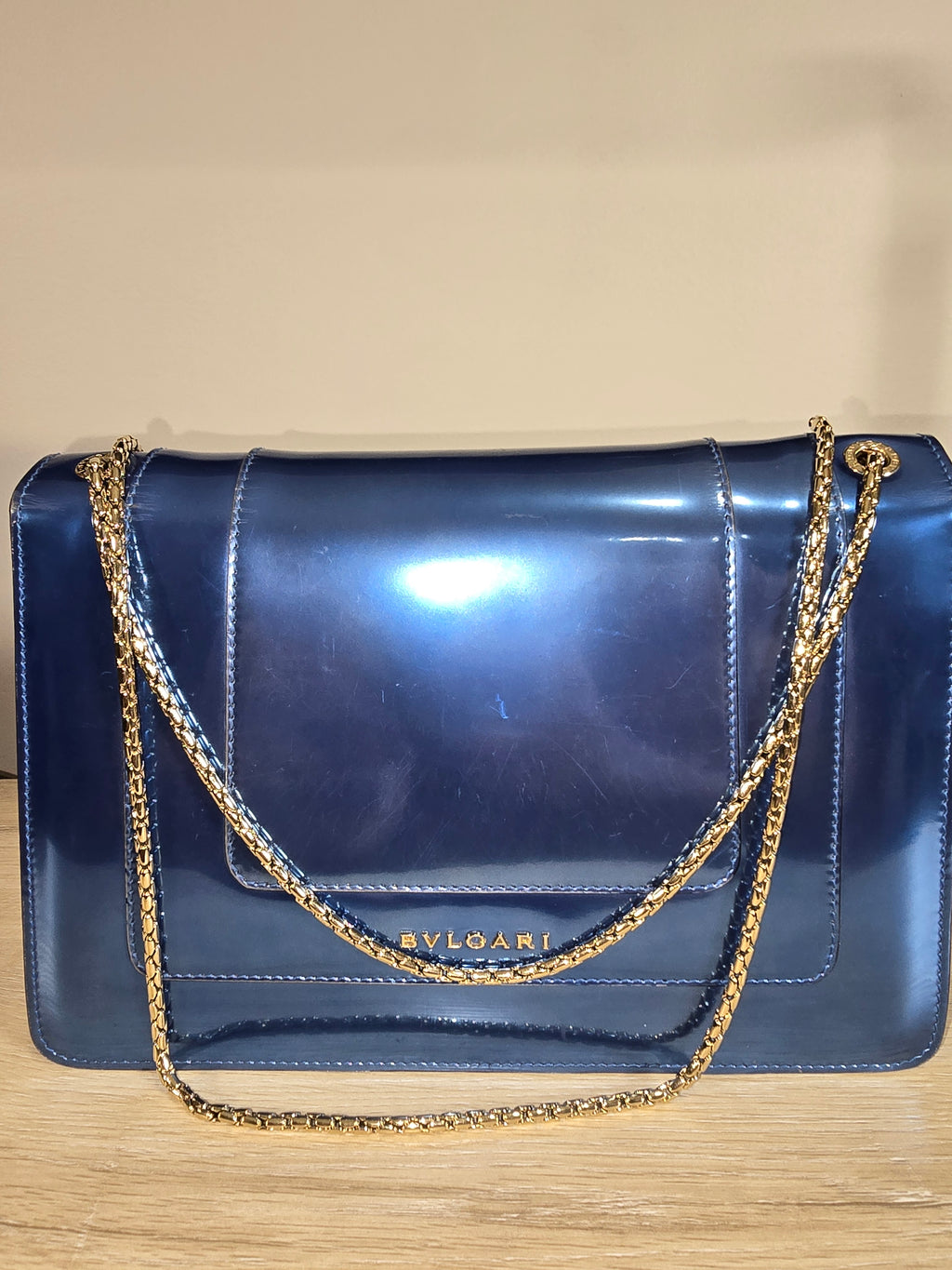 Bvlgari Serpenti Forever Medium Shoulder Bag Metallic Blue Silver Hardware Chain Strap