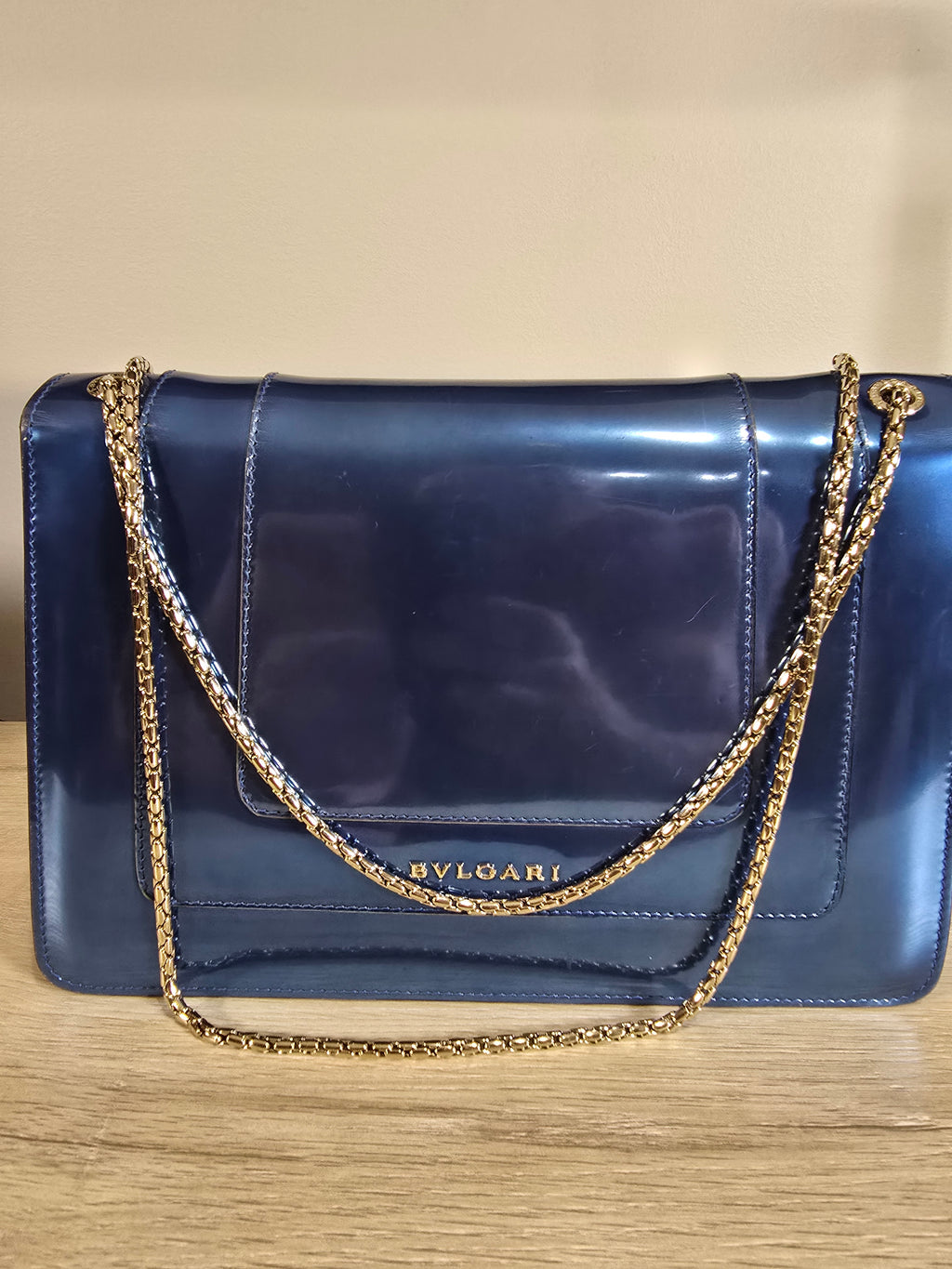 Bvlgari Serpenti Forever Medium Shoulder Bag Metallic Blue Silver Hardware Chain Strap
