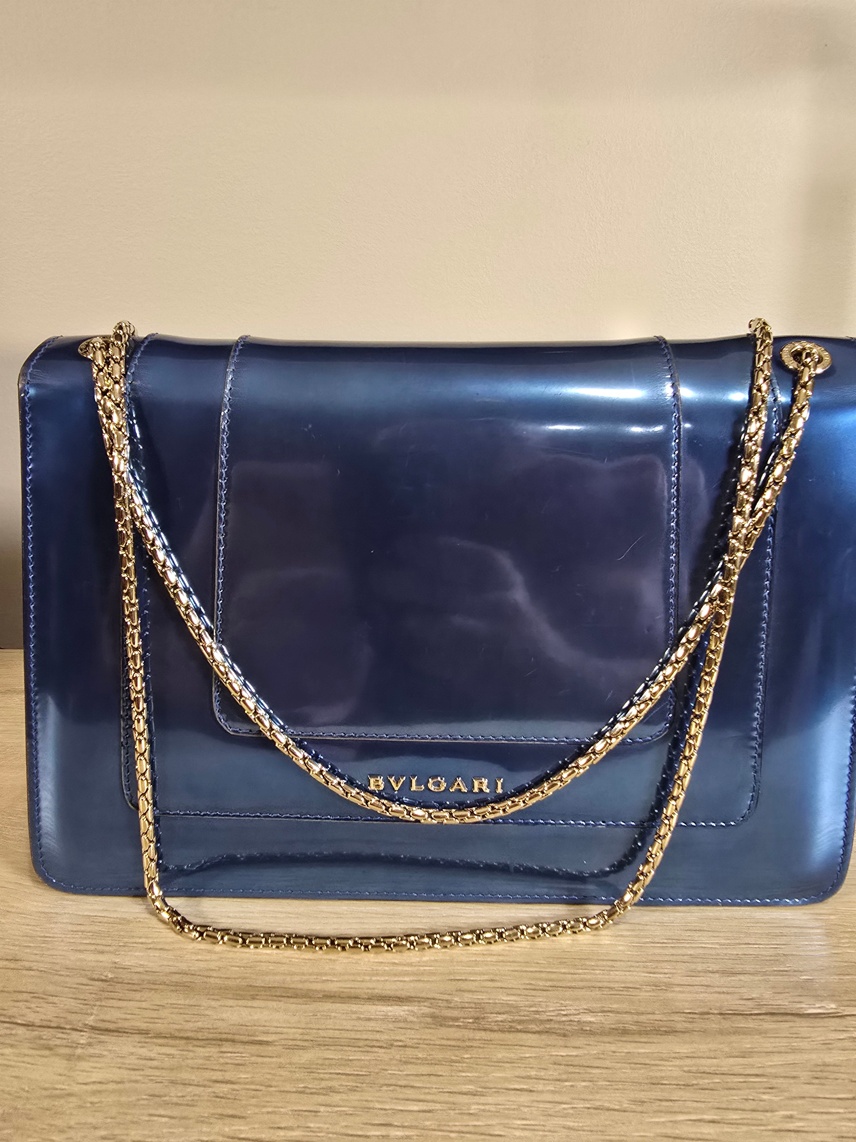 Bvlgari Serpenti Forever Medium Shoulder Bag Metallic Blue Silver Hardware Chain Strap