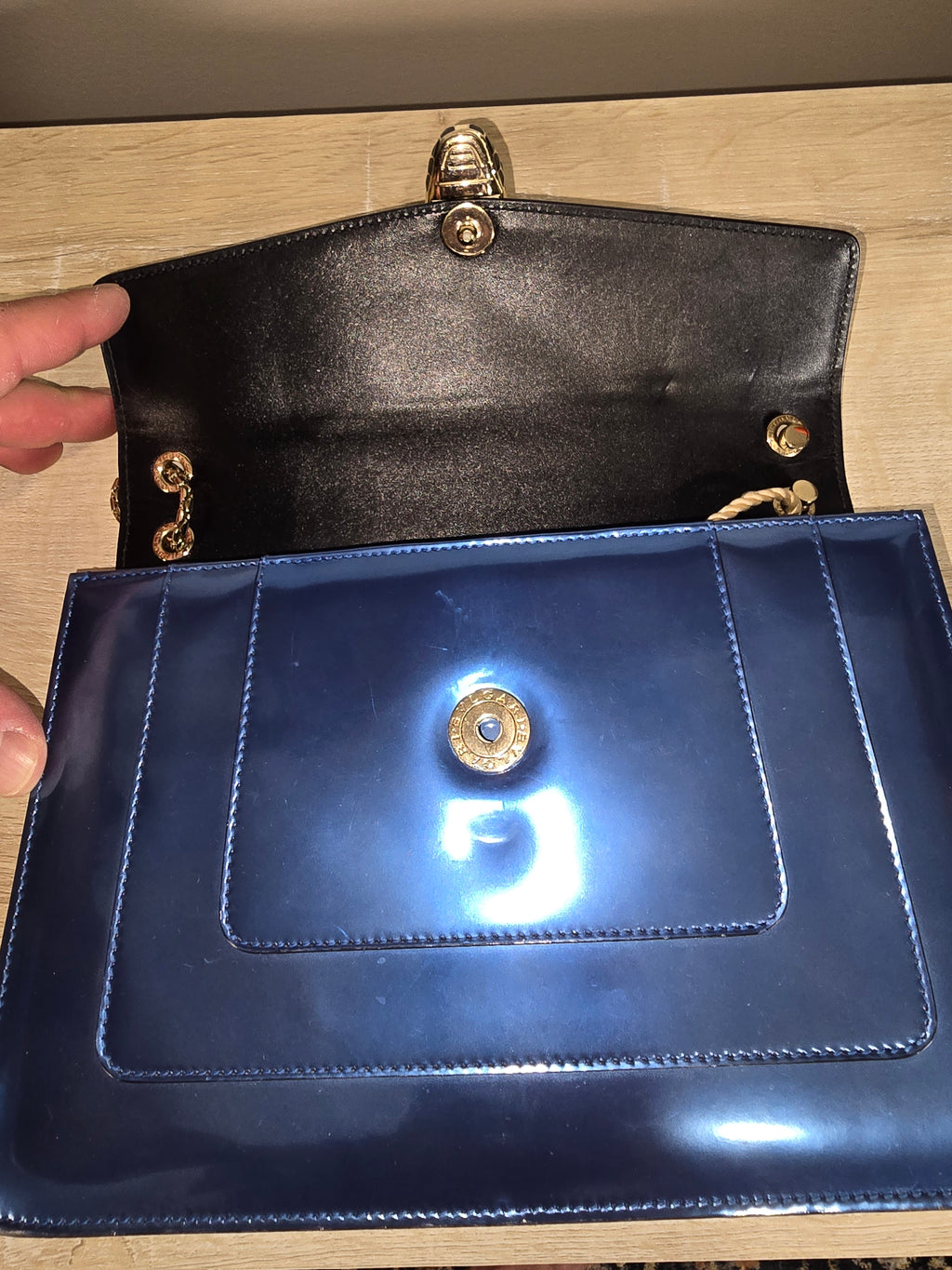 Bvlgari Serpenti Forever Medium Shoulder Bag Metallic Blue Silver Hardware Chain Strap