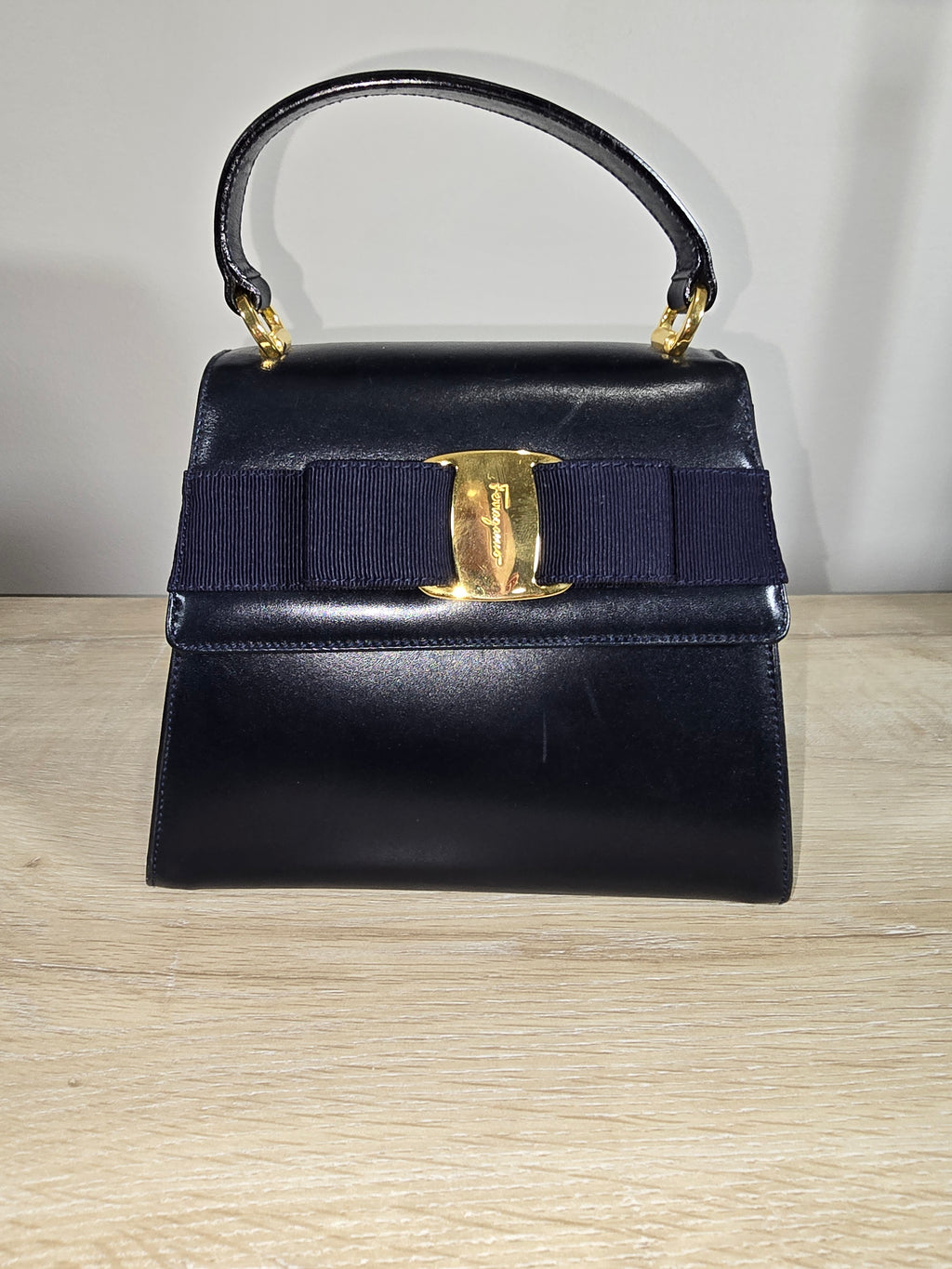 Salvatore Ferragamo Vintage Vara Bow Small Top Handle Bag Navy Leather Gold Hardware