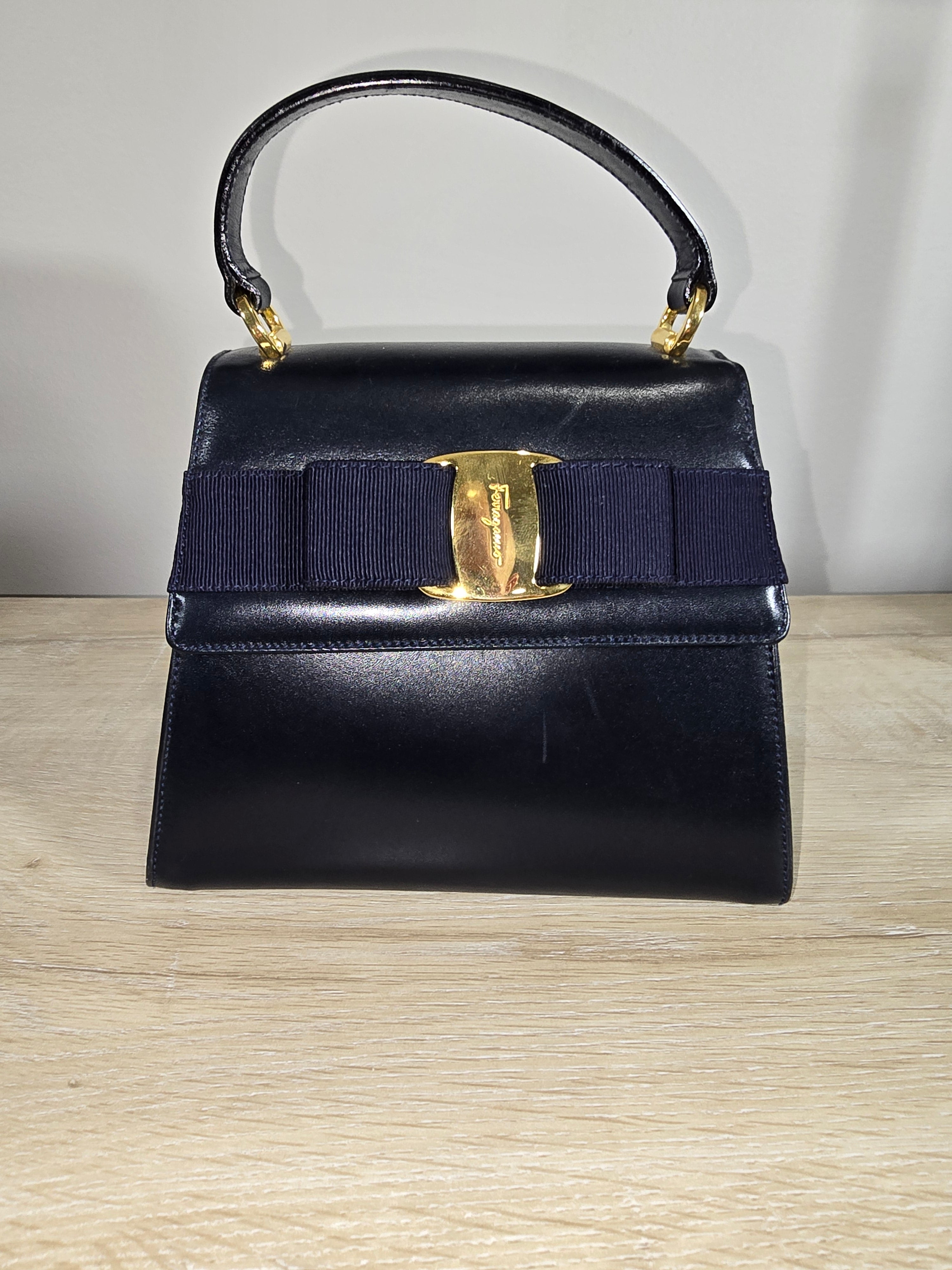 Salvatore Ferragamo Vintage Vara Bow Small Top Handle Bag Navy Leather Gold Hardware