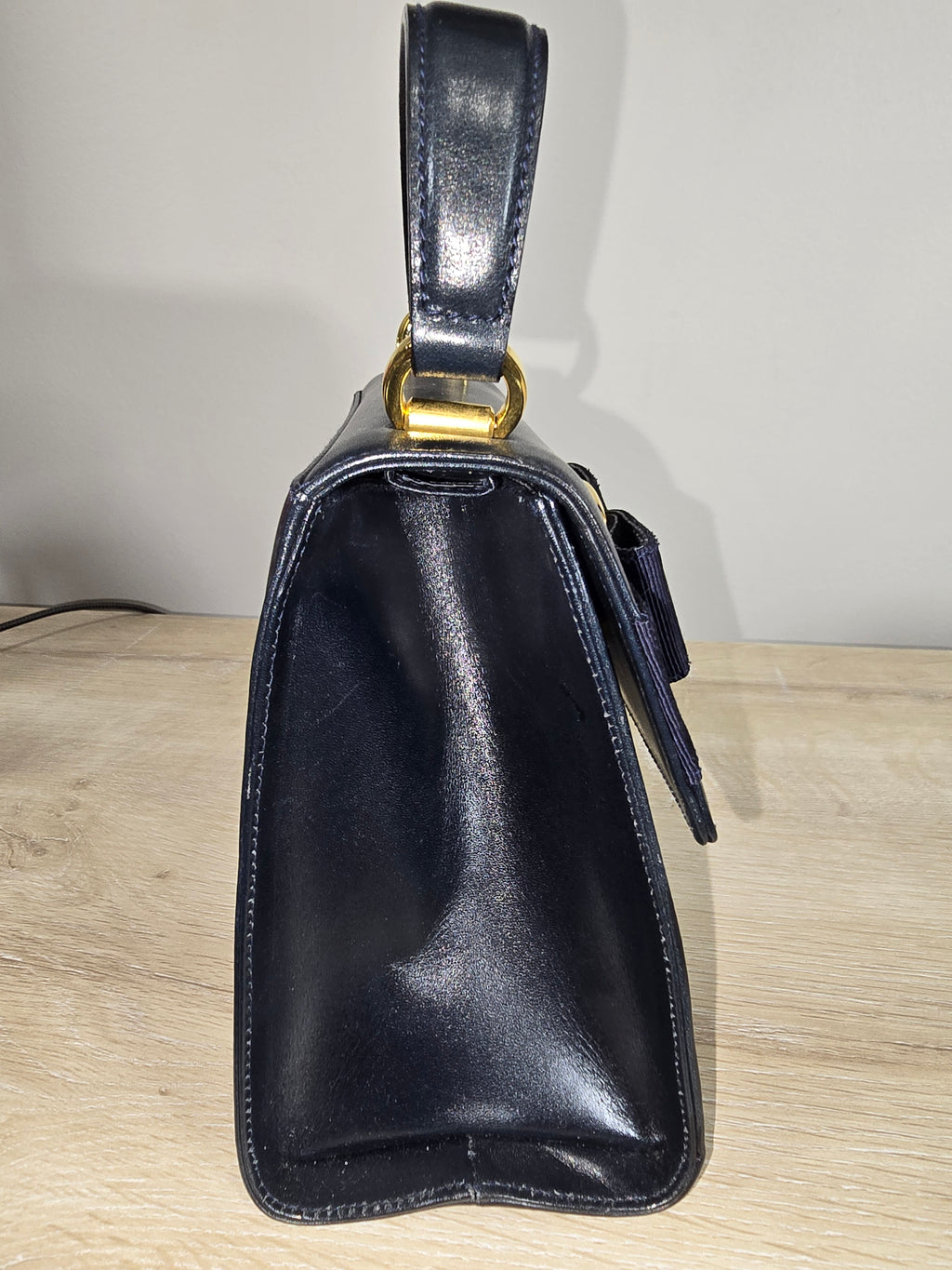Salvatore Ferragamo Vintage Vara Bow Small Top Handle Bag Navy Leather Gold Hardware