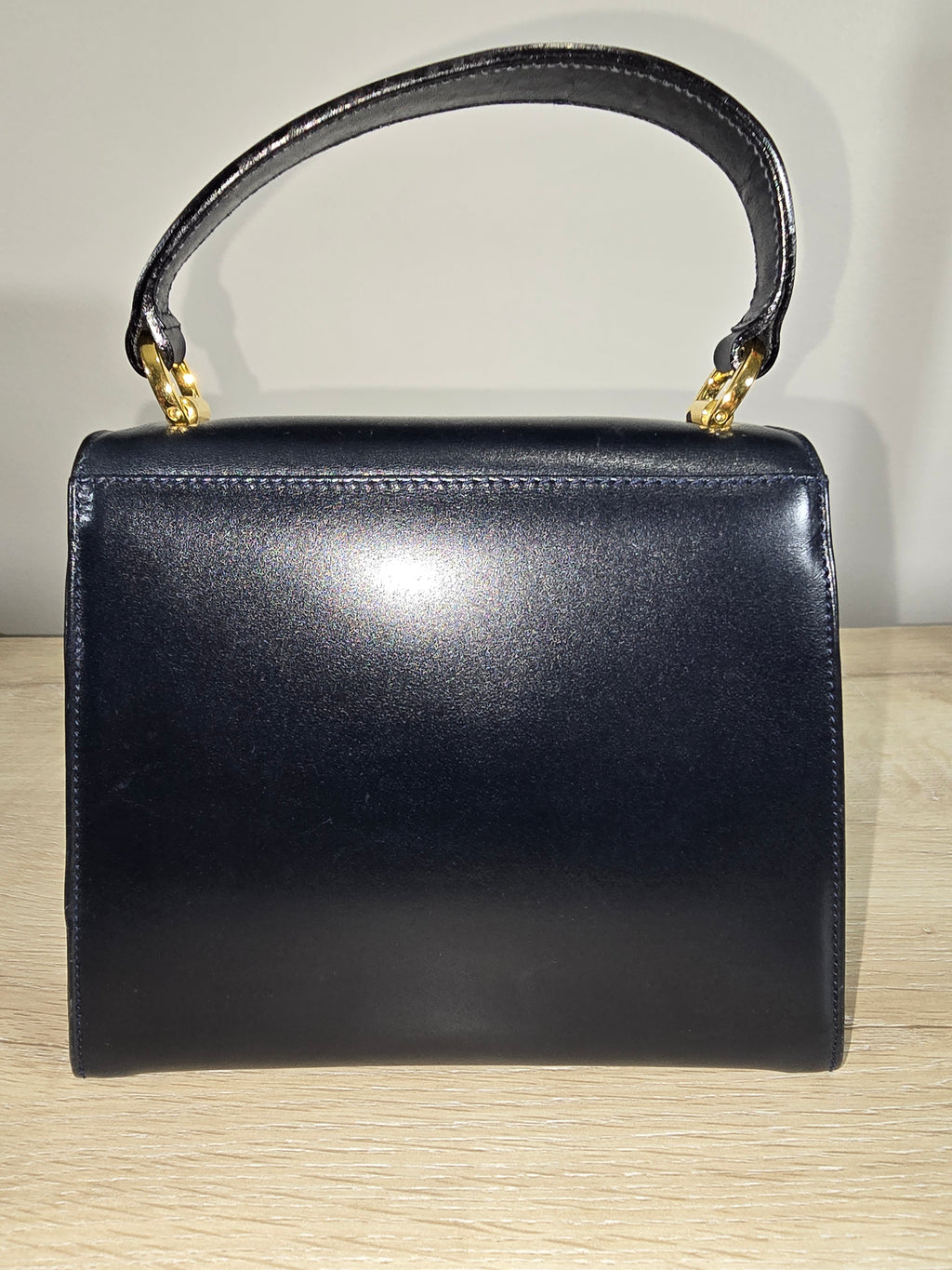 Salvatore Ferragamo Vintage Vara Bow Small Top Handle Bag Navy Leather Gold Hardware