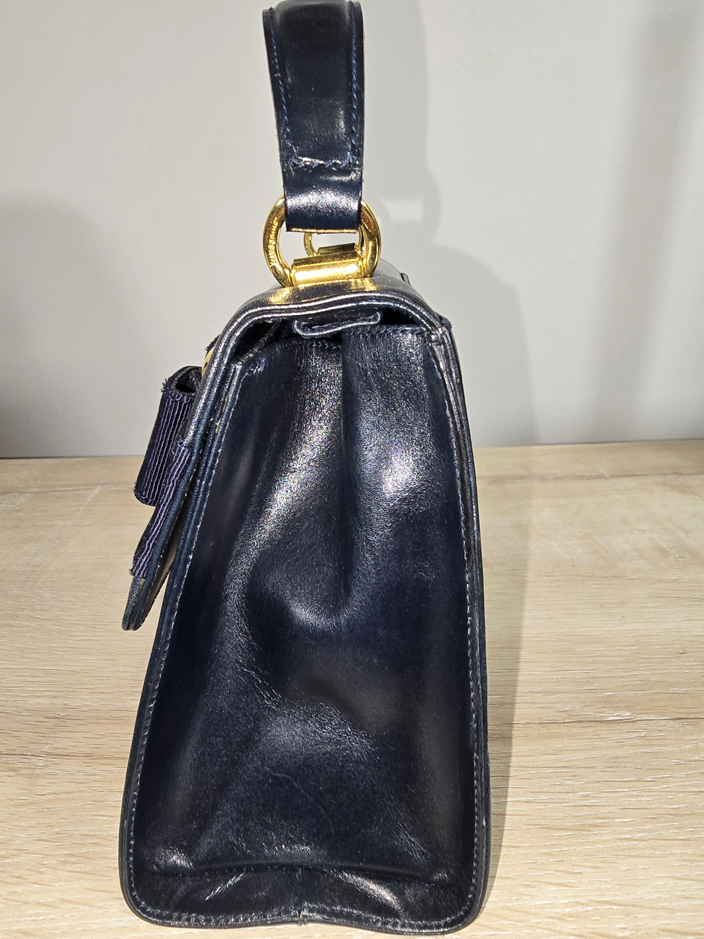 Salvatore Ferragamo Vintage Vara Bow Small Top Handle Bag Navy Leather Gold Hardware