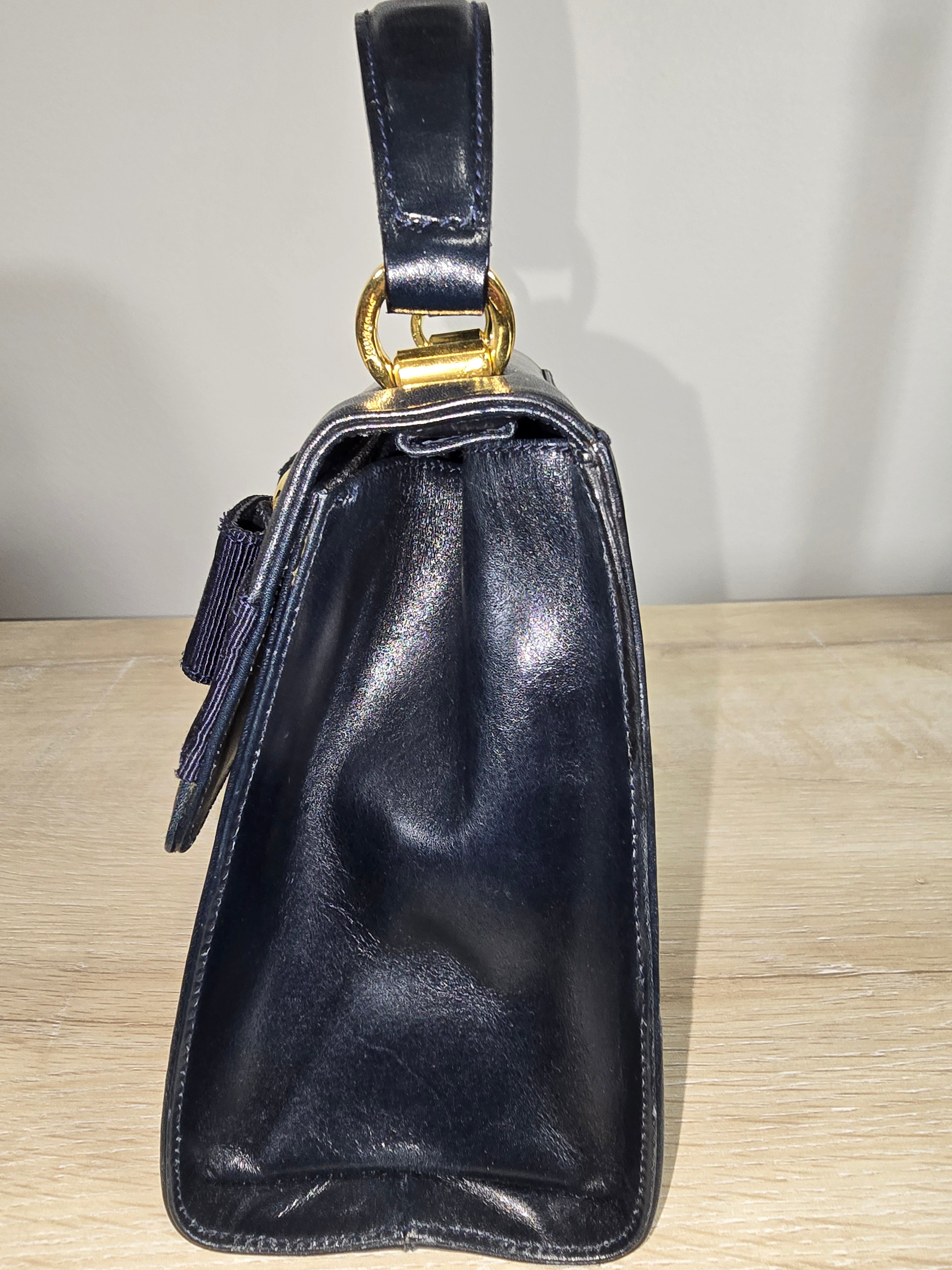 Salvatore Ferragamo Vintage Vara Bow Small Top Handle Bag Navy Leather Gold Hardware