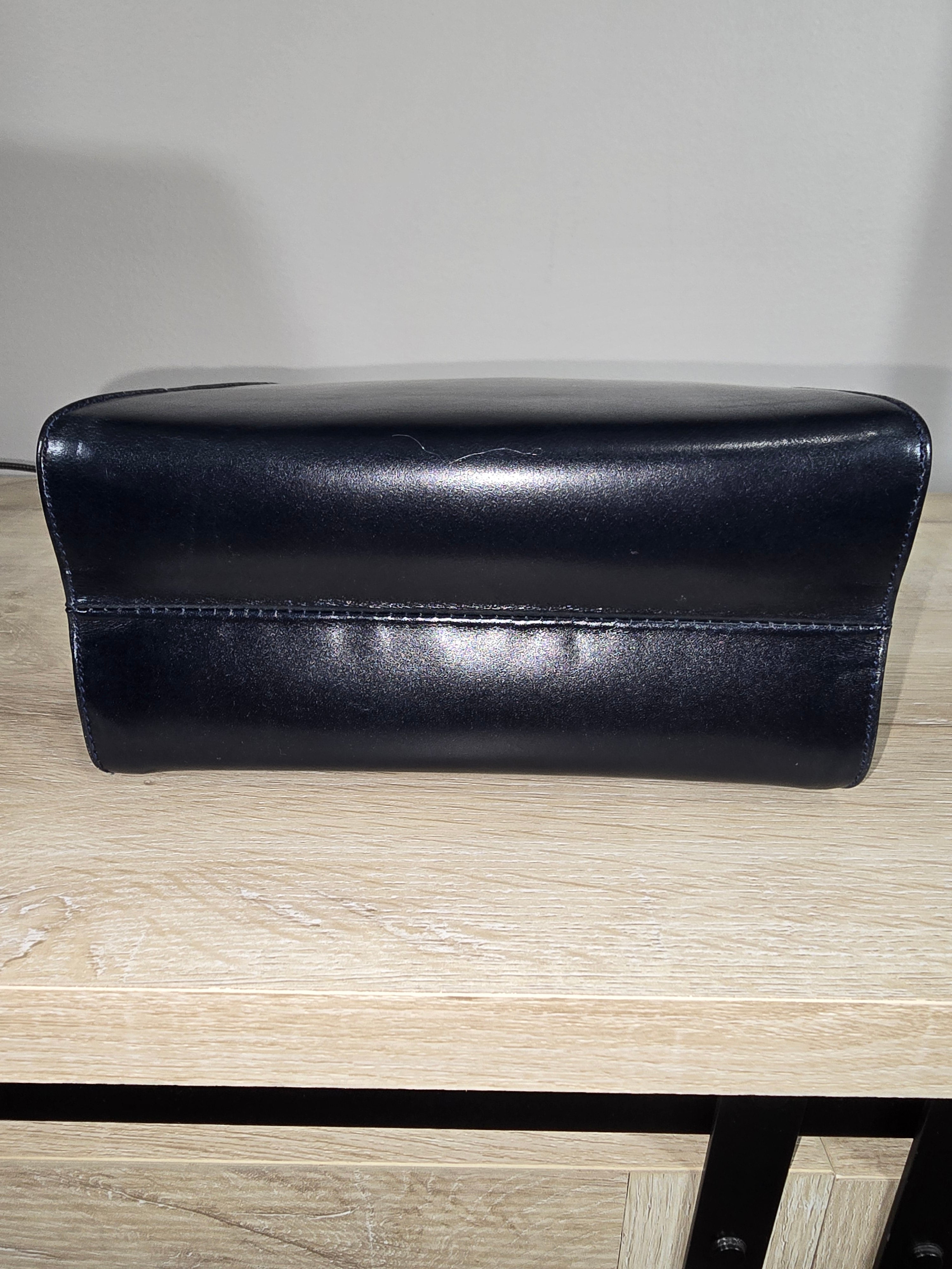 Salvatore Ferragamo Vintage Vara Bow Small Top Handle Bag Navy Leather Gold Hardware
