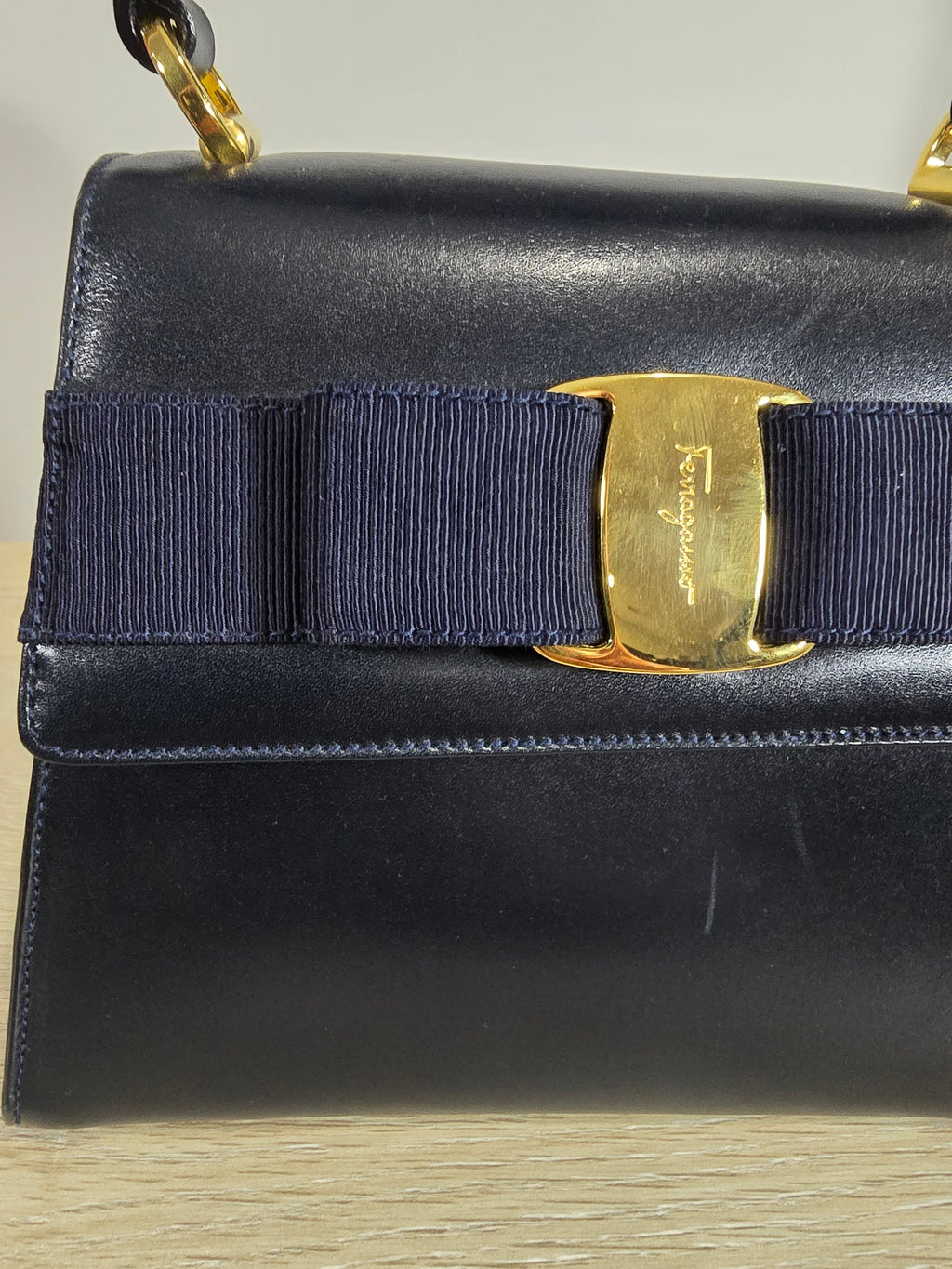 Salvatore Ferragamo Vintage Vara Bow Small Top Handle Bag Navy Leather Gold Hardware
