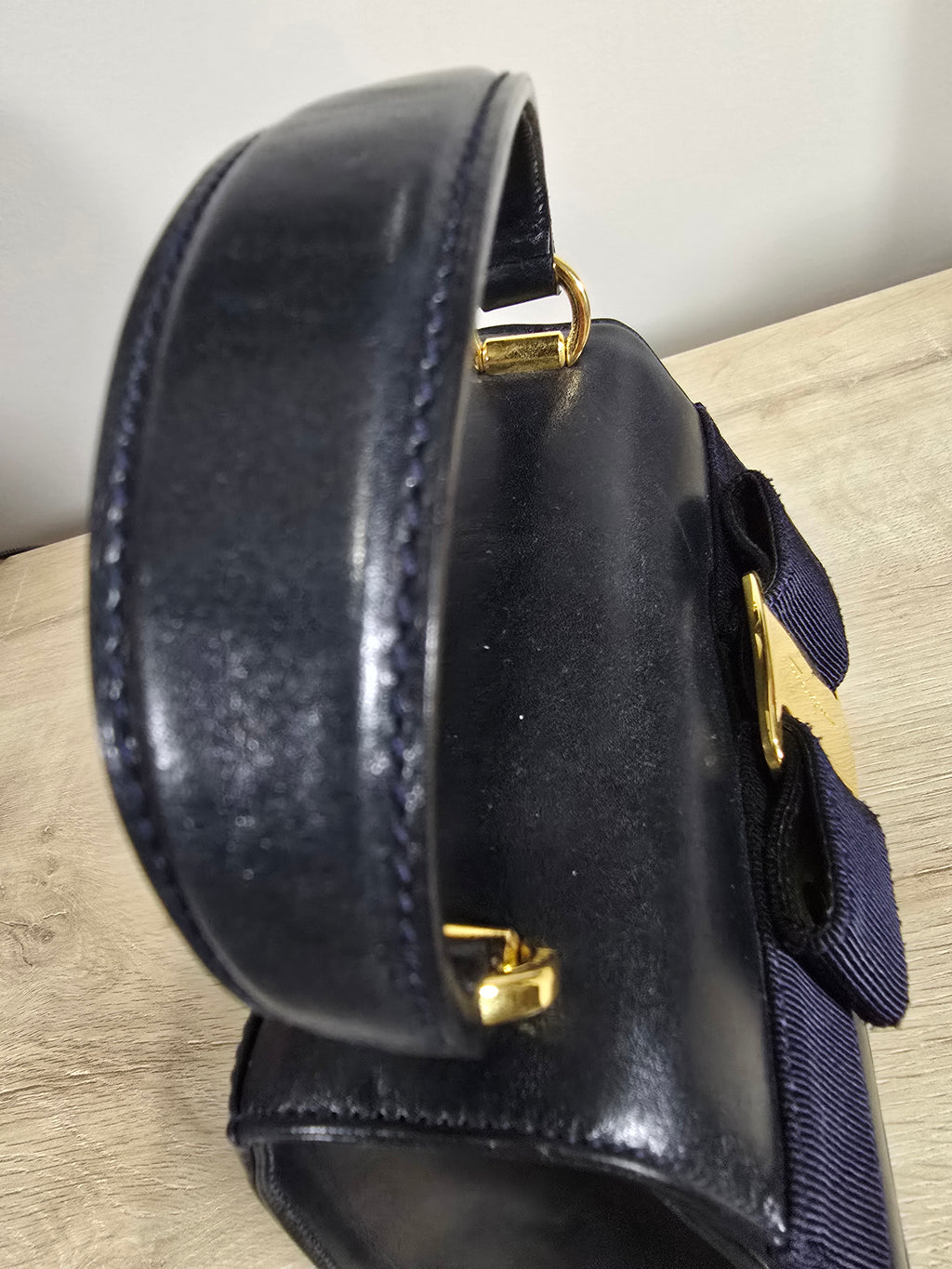 Salvatore Ferragamo Vintage Vara Bow Small Top Handle Bag Navy Leather Gold Hardware
