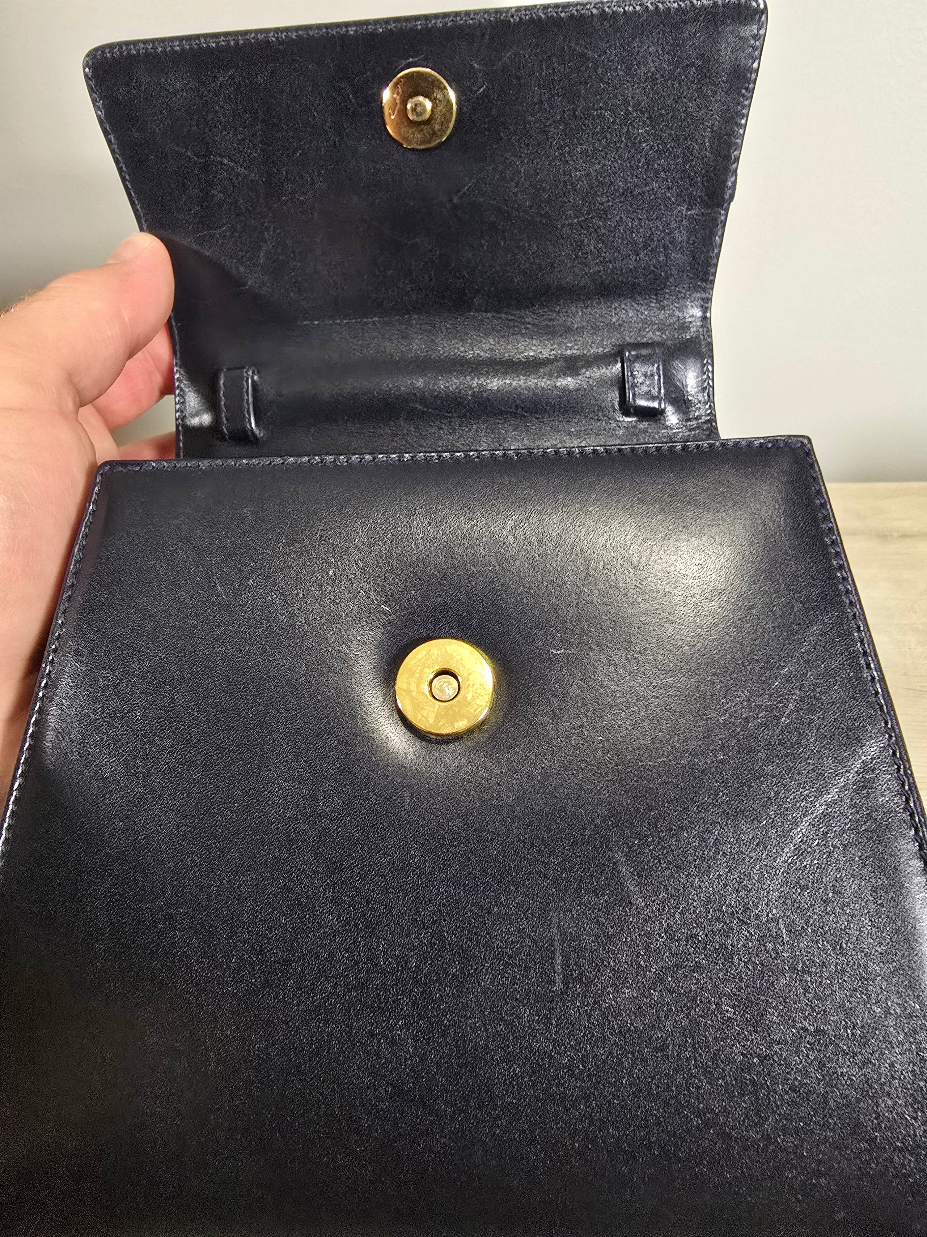 Salvatore Ferragamo Vintage Vara Bow Small Top Handle Bag Navy Leather Gold Hardware