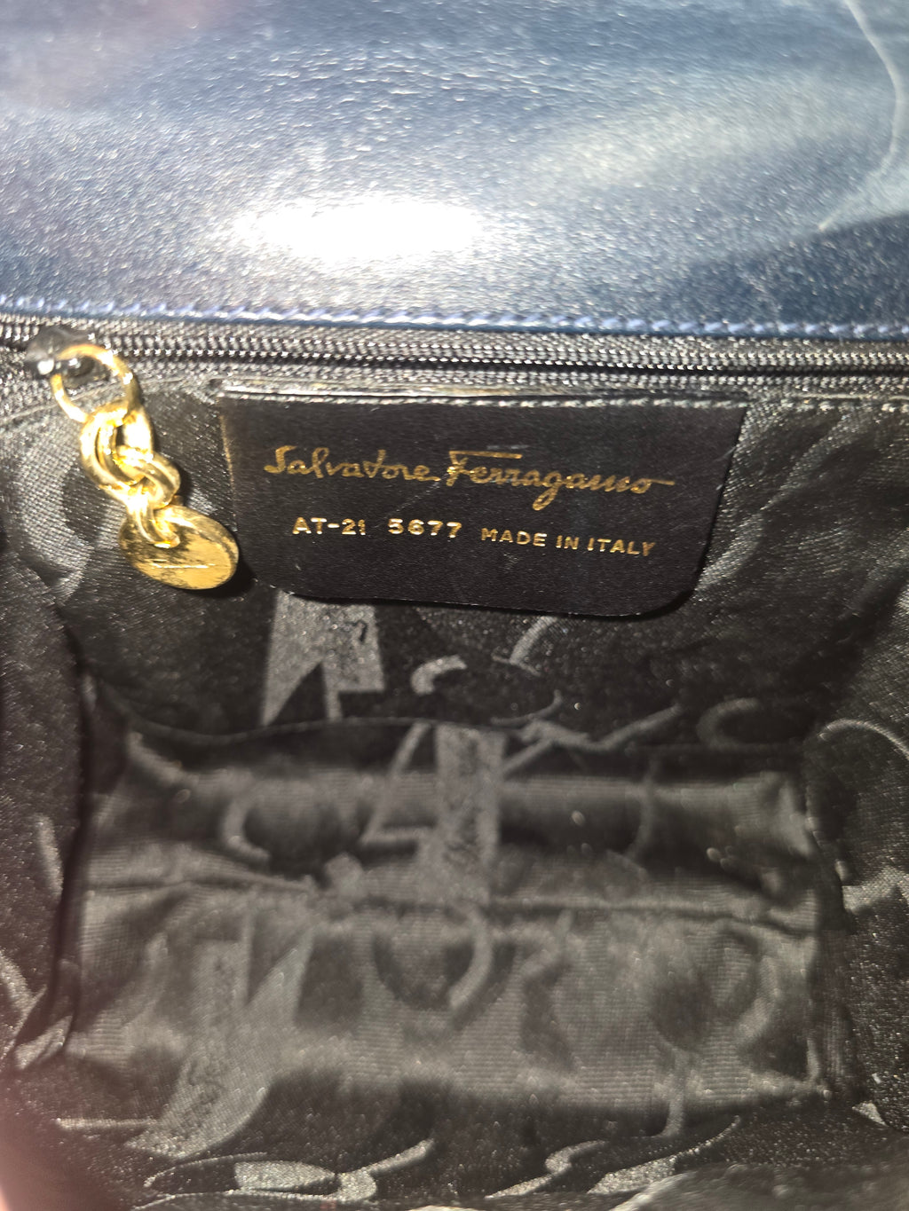 Salvatore Ferragamo Vintage Vara Bow Small Top Handle Bag Navy Leather Gold Hardware